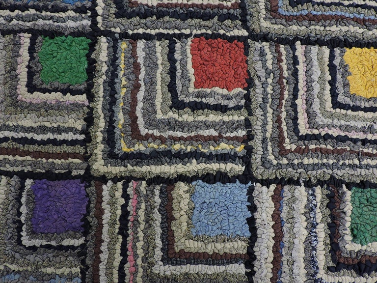Antique Geometric Log Cabin Pattern Hooked Rug For Sale at 1stdibs