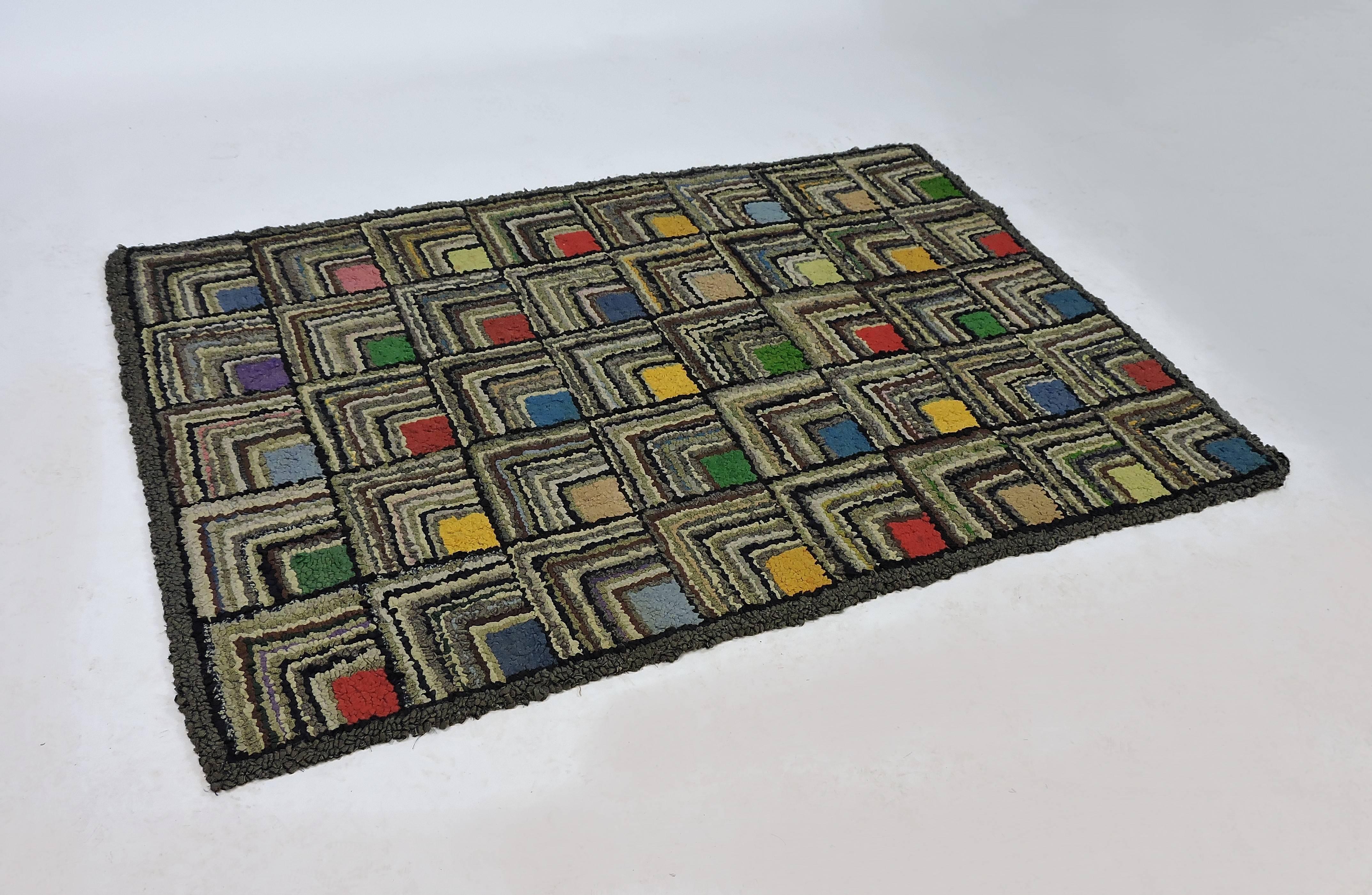 Fabric Antique Geometric Abstract Log Cabin Pattern Hooked Rug