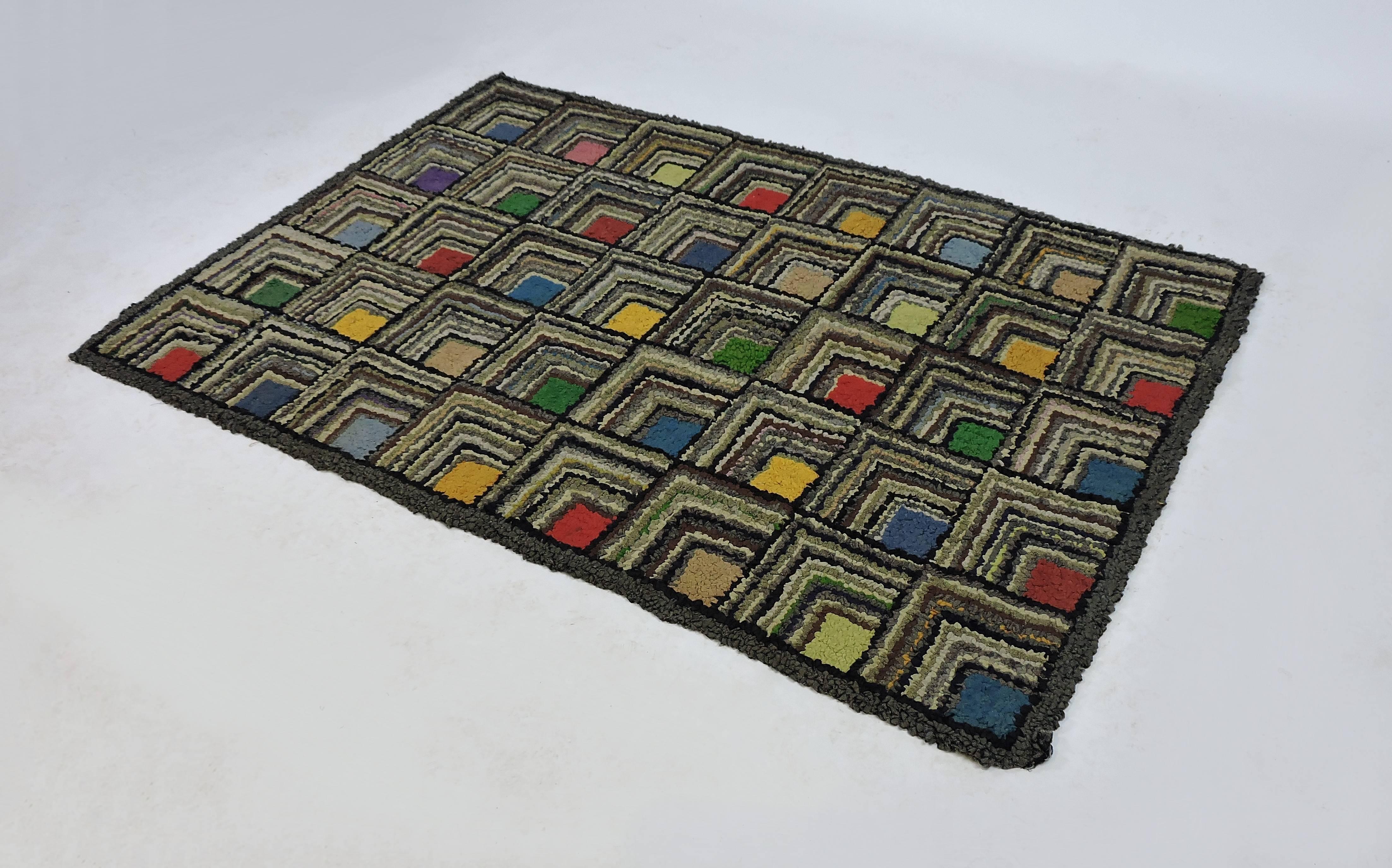 Antique Geometric Abstract Log Cabin Pattern Hooked Rug 1