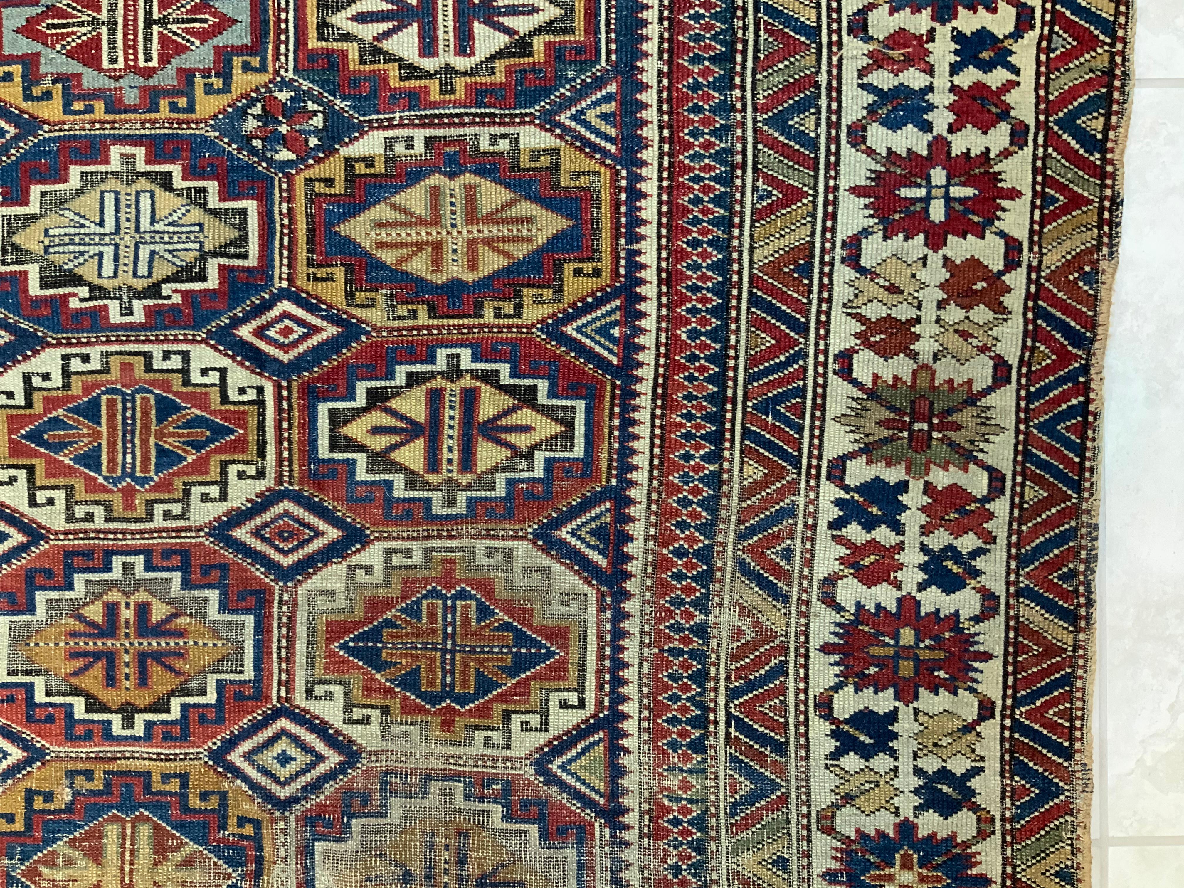 Antique Geometric Motifs Caucasian Shirvan Rug 6