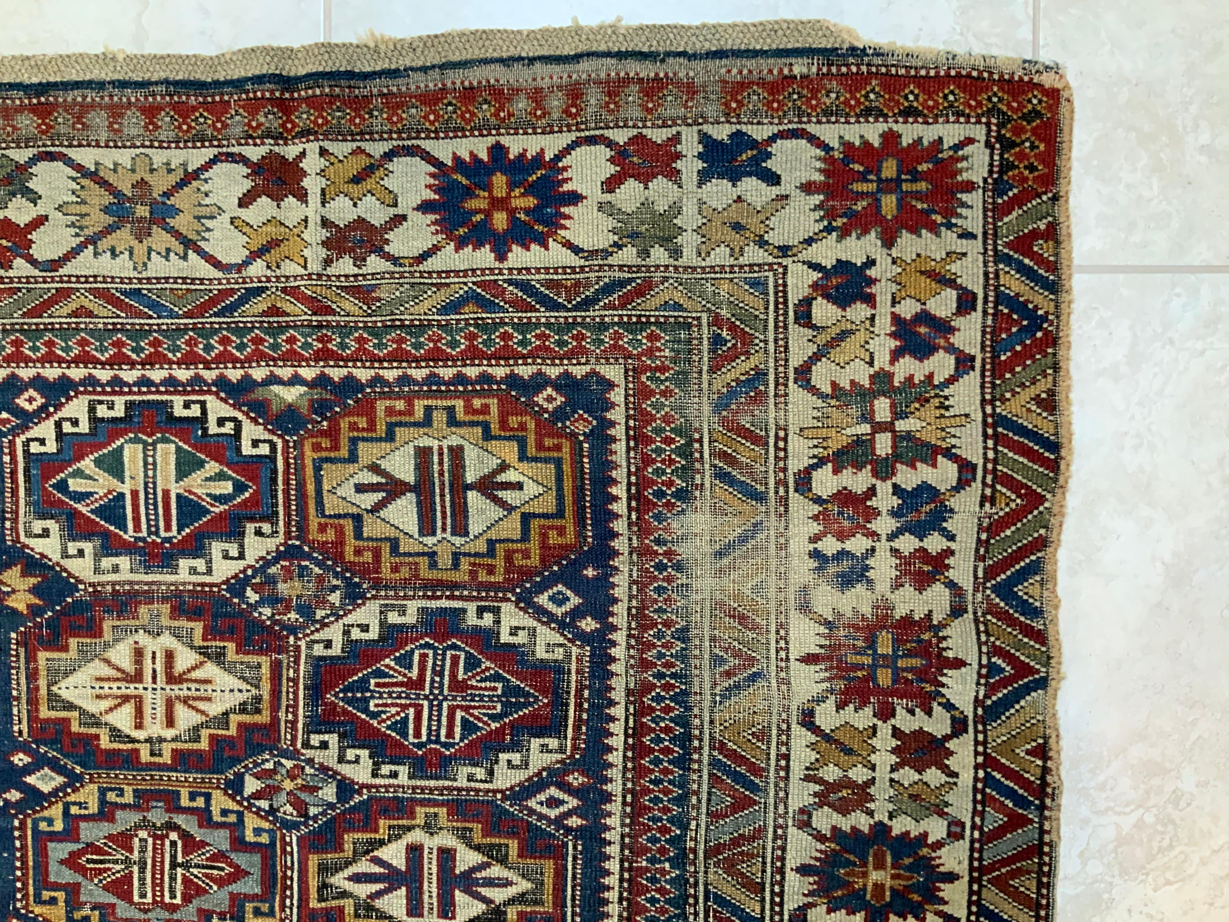 Antique Geometric Motifs Caucasian Shirvan Rug 8