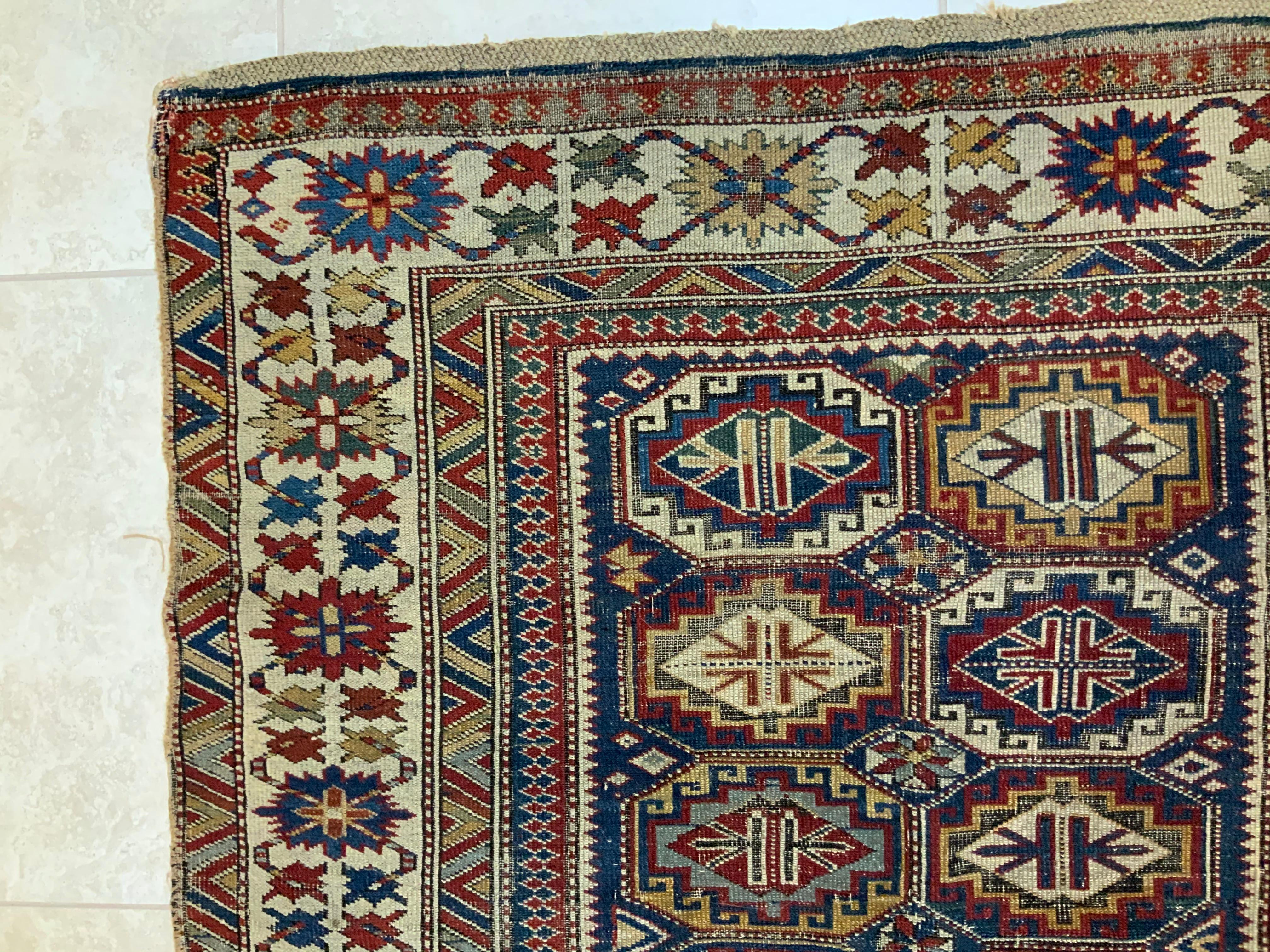 Antique Geometric Motifs Caucasian Shirvan Rug 9