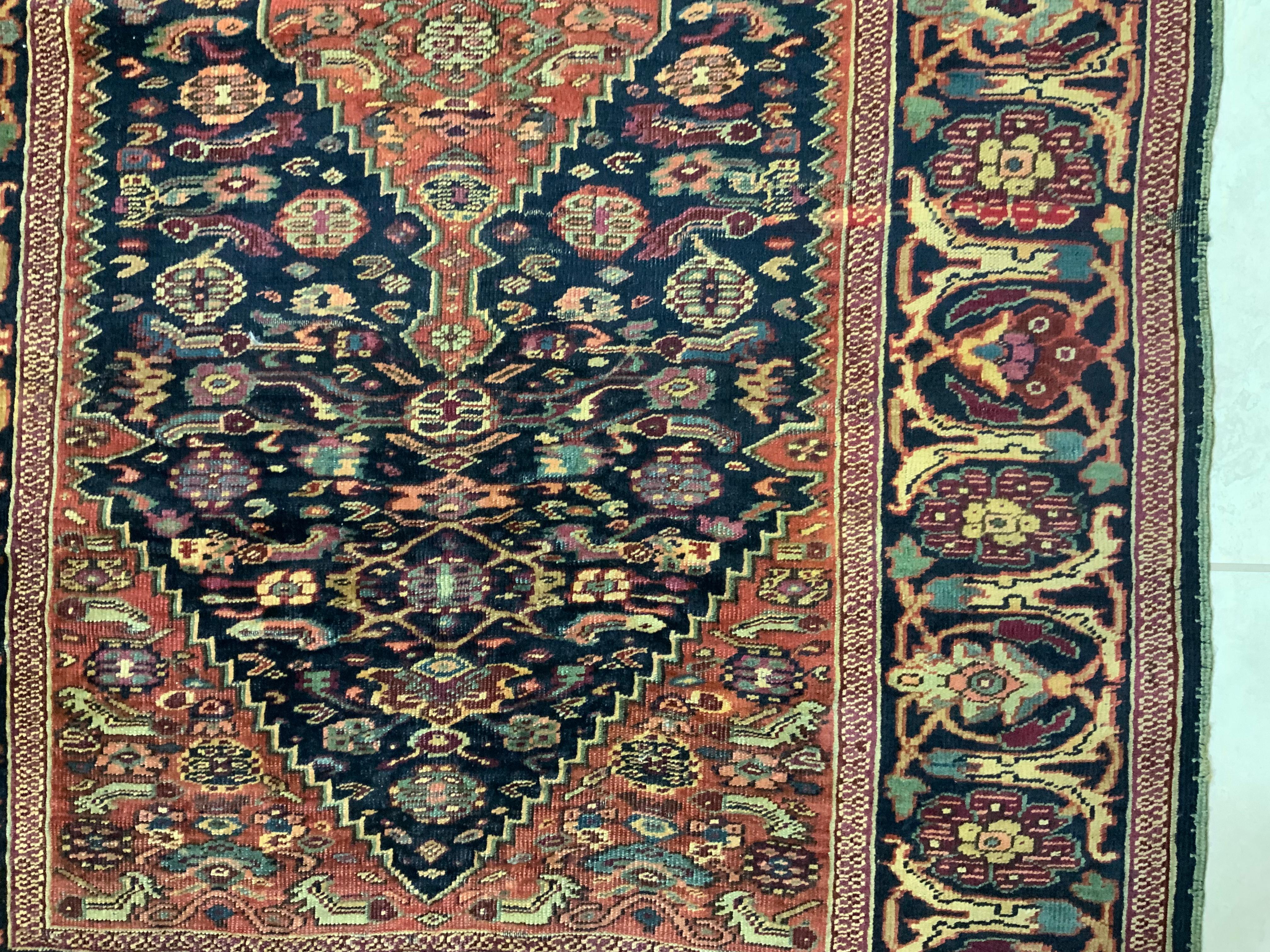 Antique Geometric Motifs Persian Rug In Fair Condition For Sale In Delray Beach, FL