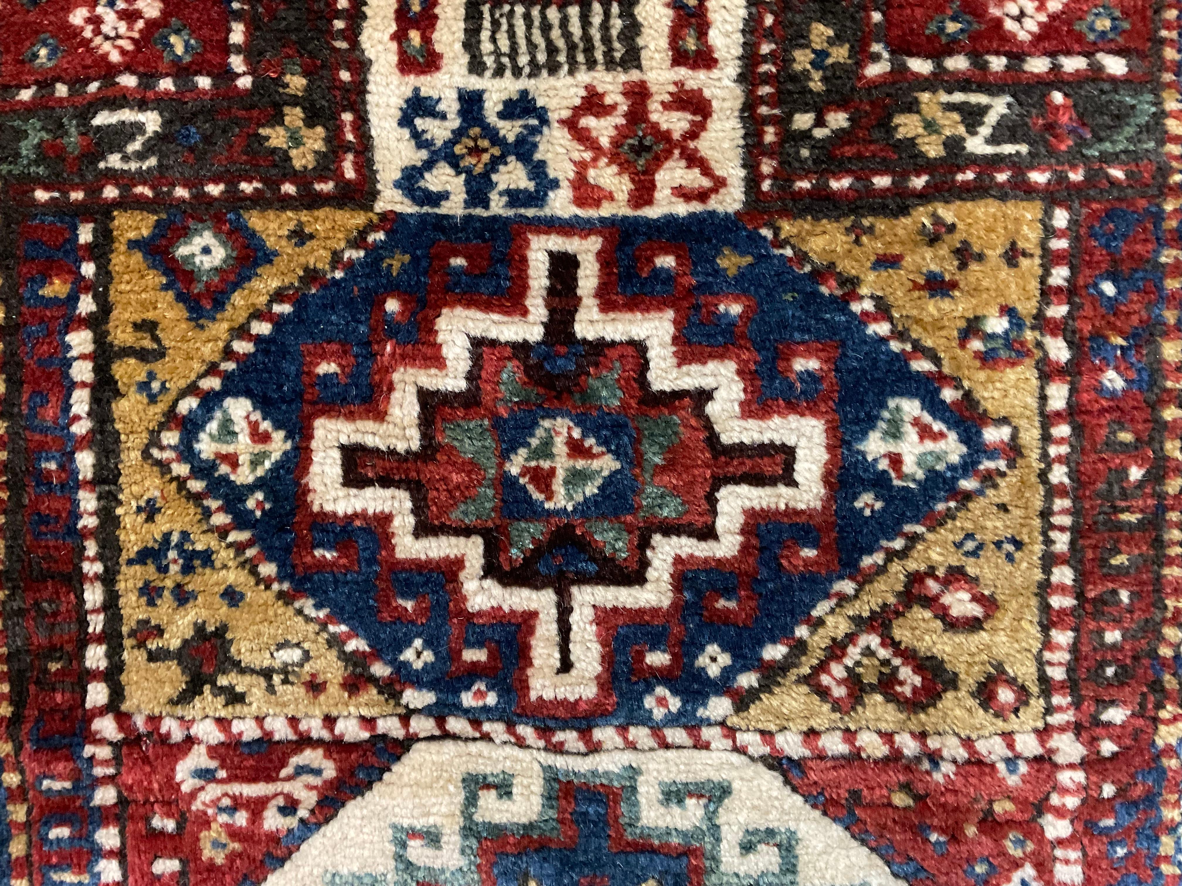 Antique Geometric Motifs Tribal Caucasian Prayer Rug For Sale 5