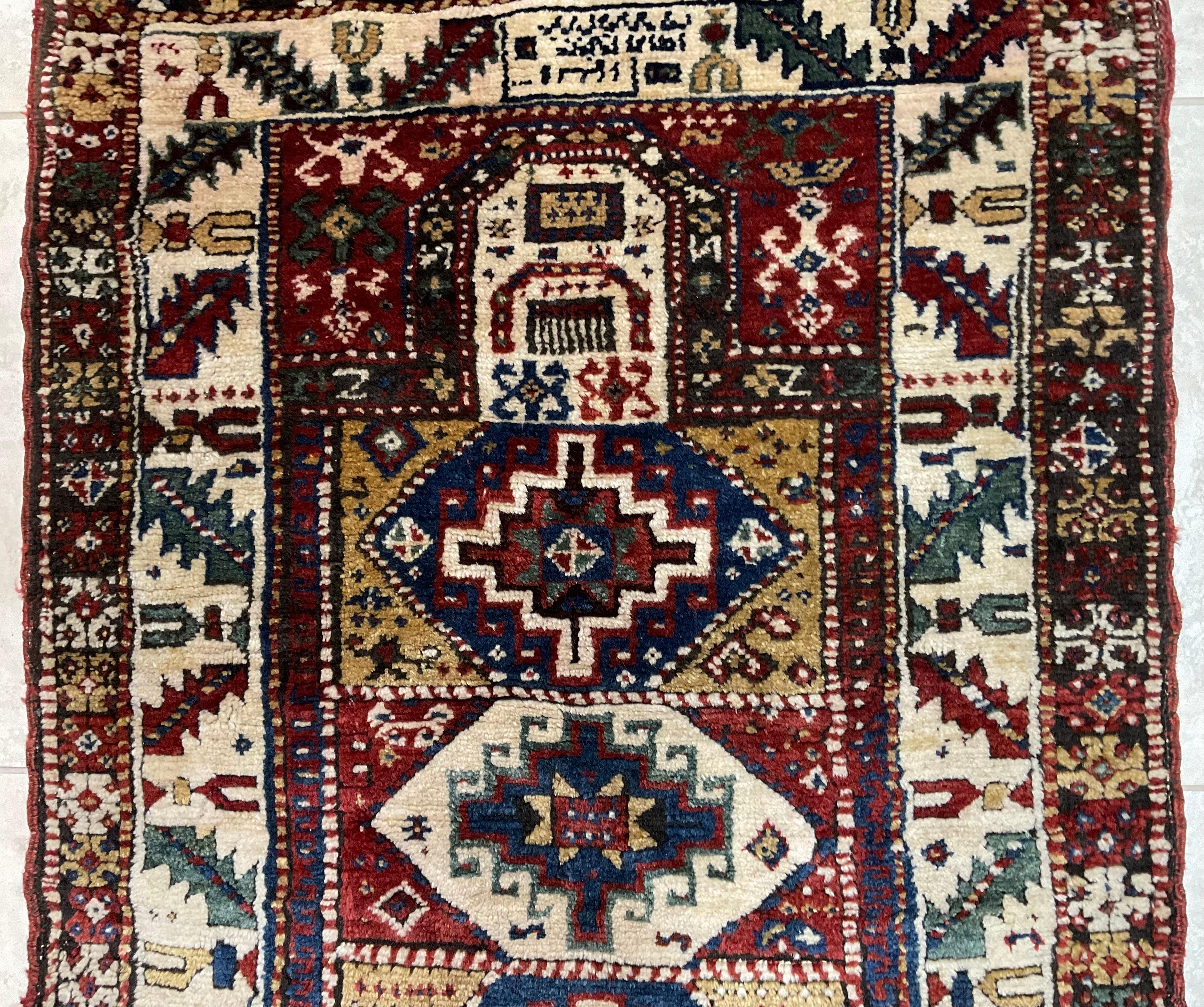 Wool Antique Geometric Motifs Tribal Caucasian Prayer Rug For Sale
