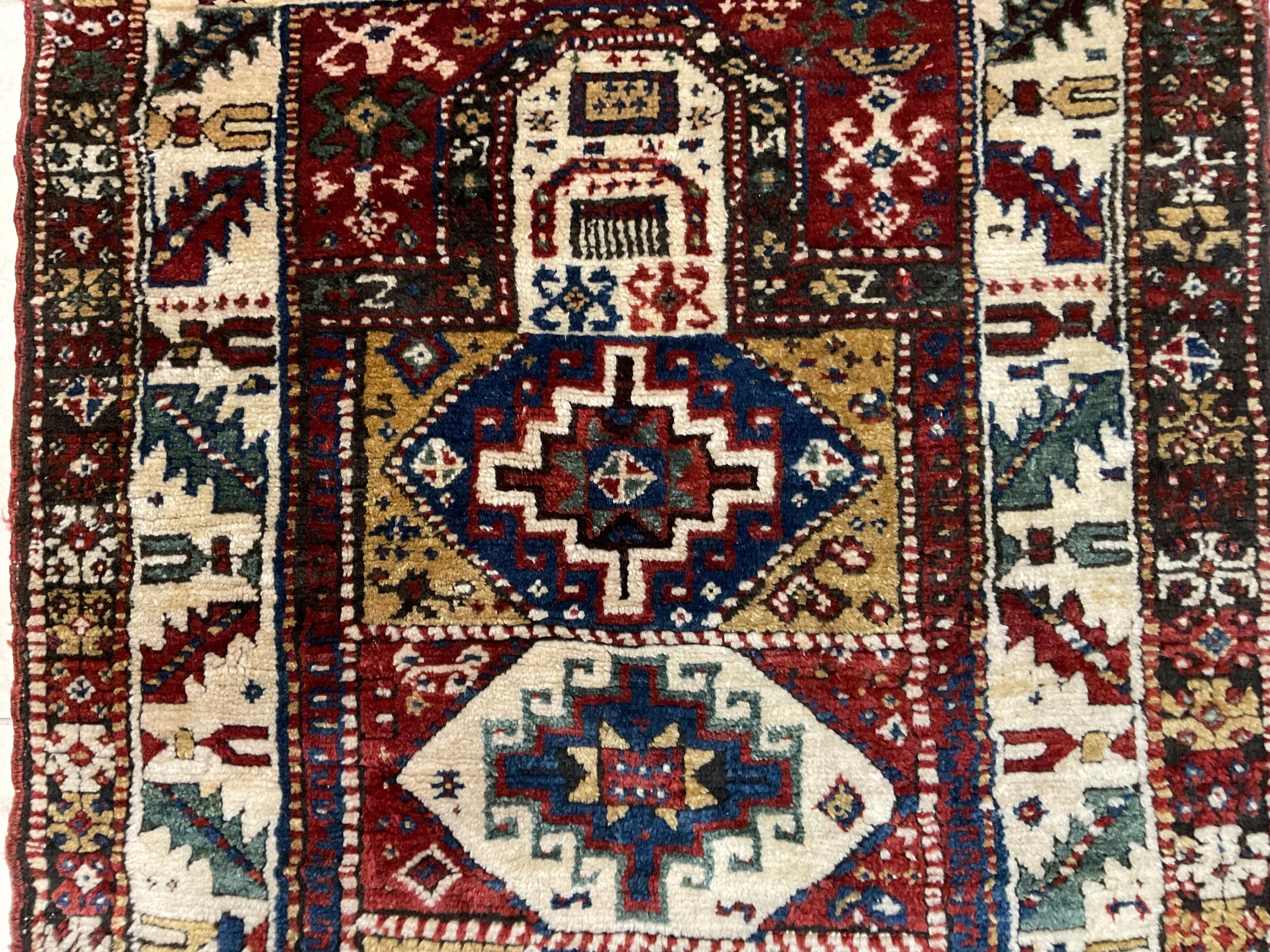 Antique Geometric Motifs Tribal Caucasian Prayer Rug For Sale 2
