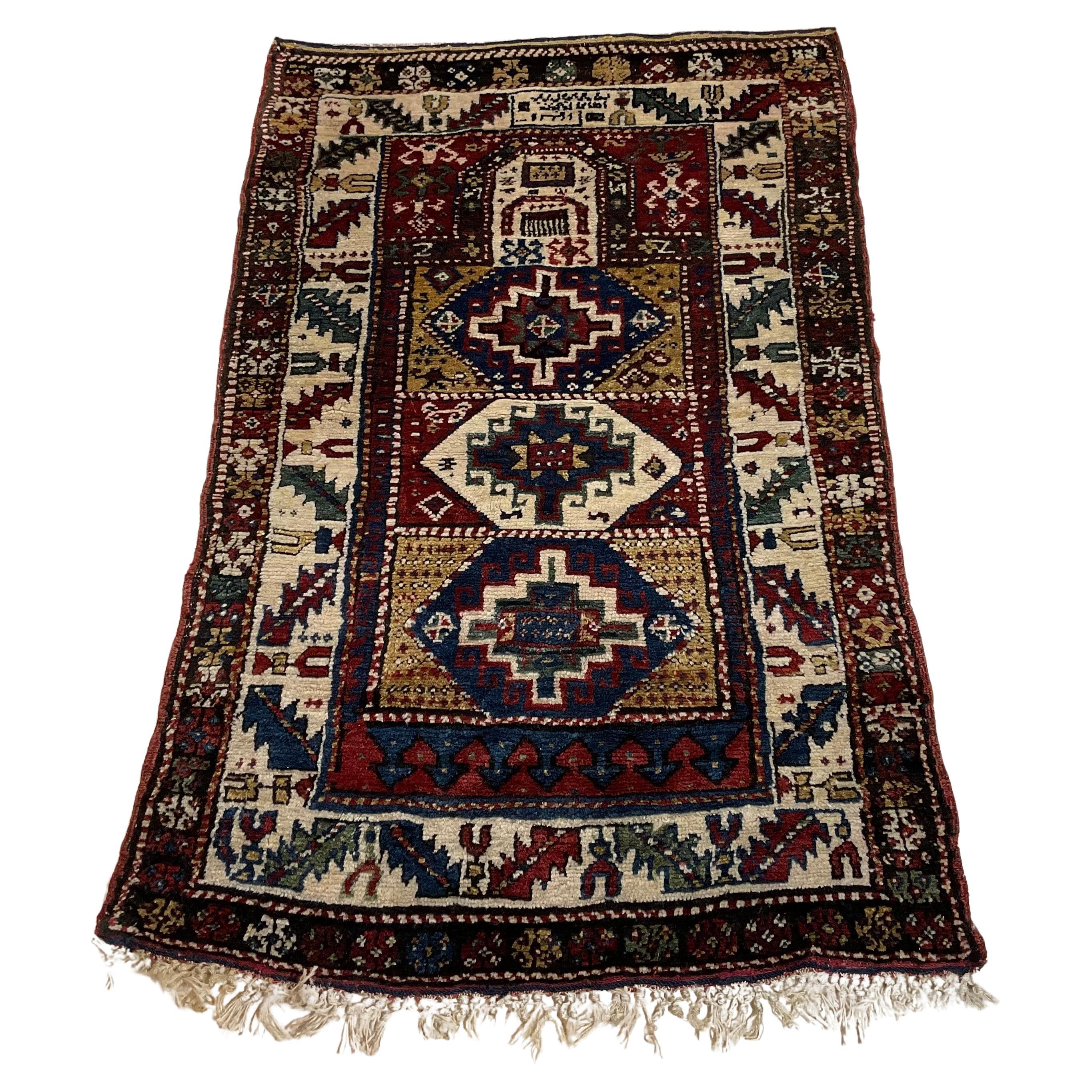 Antique Geometric Motifs Tribal Caucasian Prayer Rug For Sale