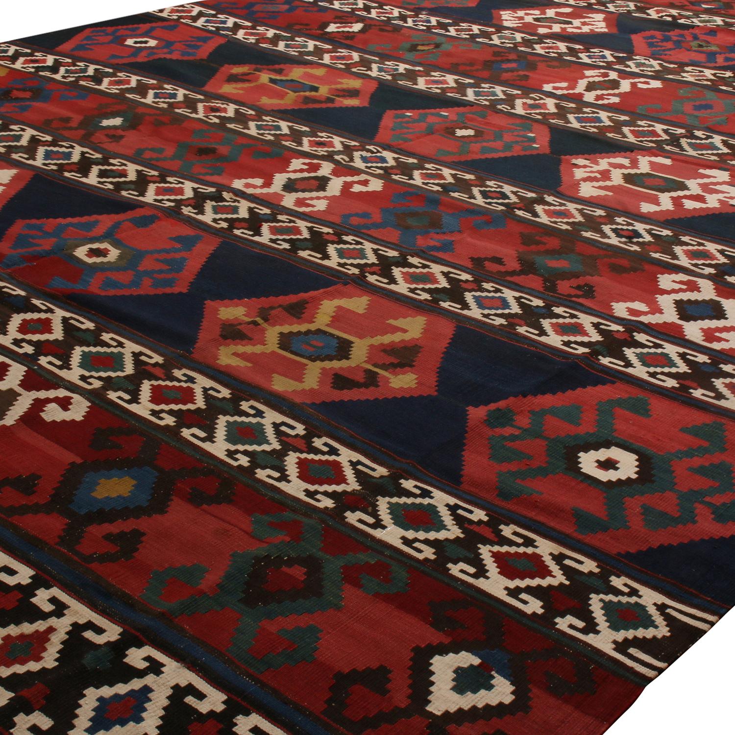 Flat-woven with high-quality wool featuring the best yarn and natural dye of its time, this antique geometric wool Kilim originates from Turkey more than 120 years prior in excellent condition, offering an arresting dimensionality in the slightly