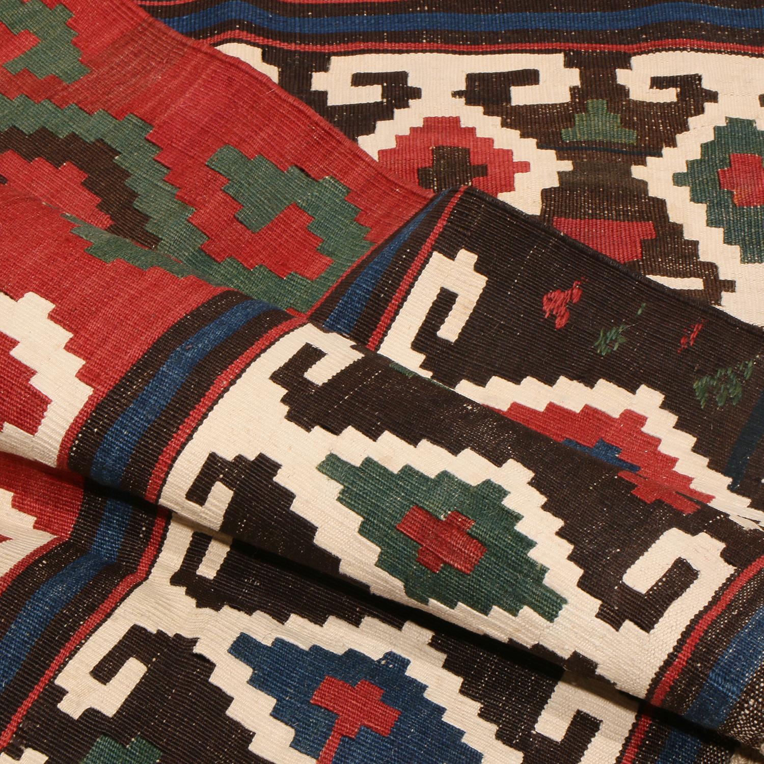 Antique Geometric Navy Blue and Burgundy Wool Kilim with White and Green Accents In Excellent Condition In Long Island City, NY