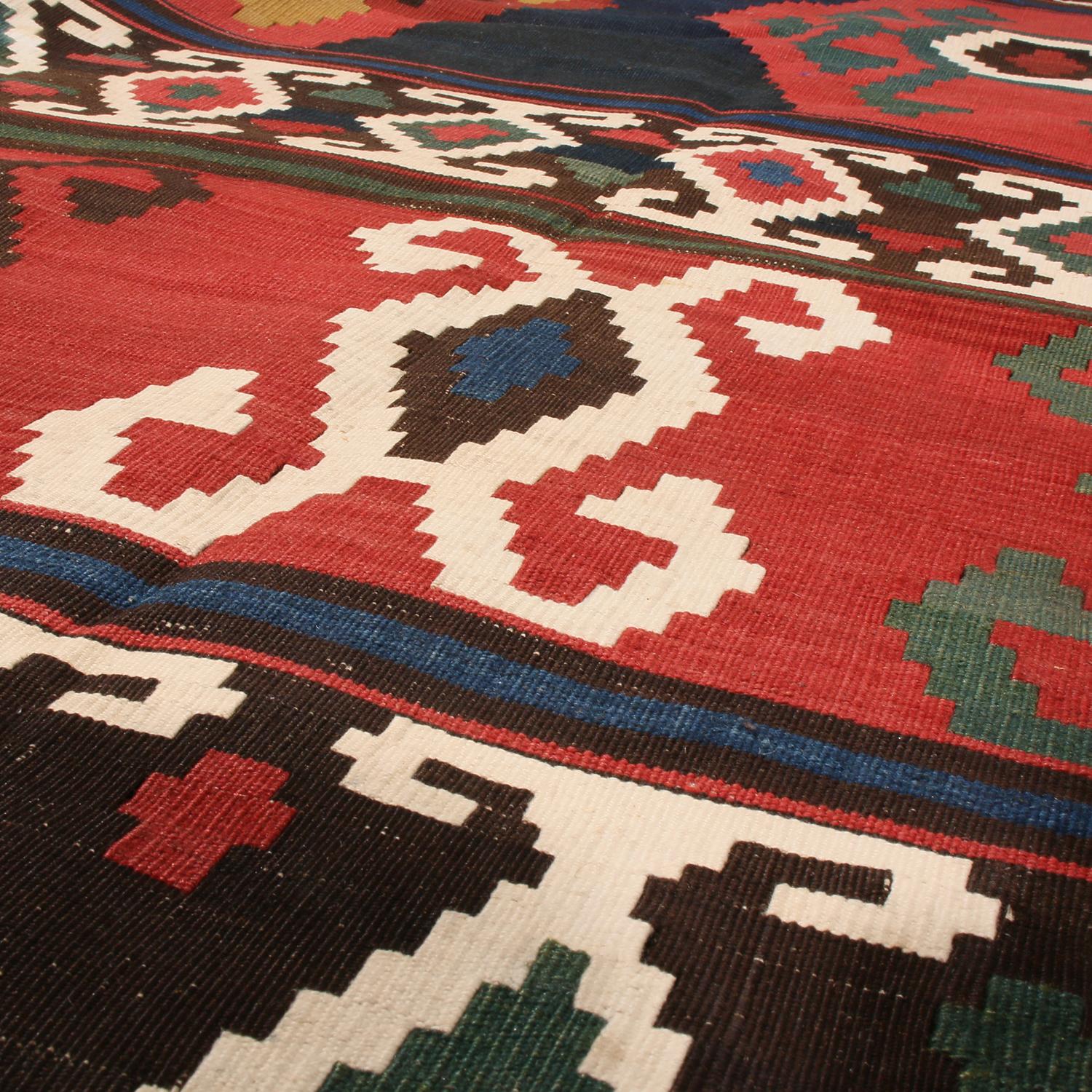 Early 20th Century Antique Geometric Navy Blue and Burgundy Wool Kilim with White and Green Accents