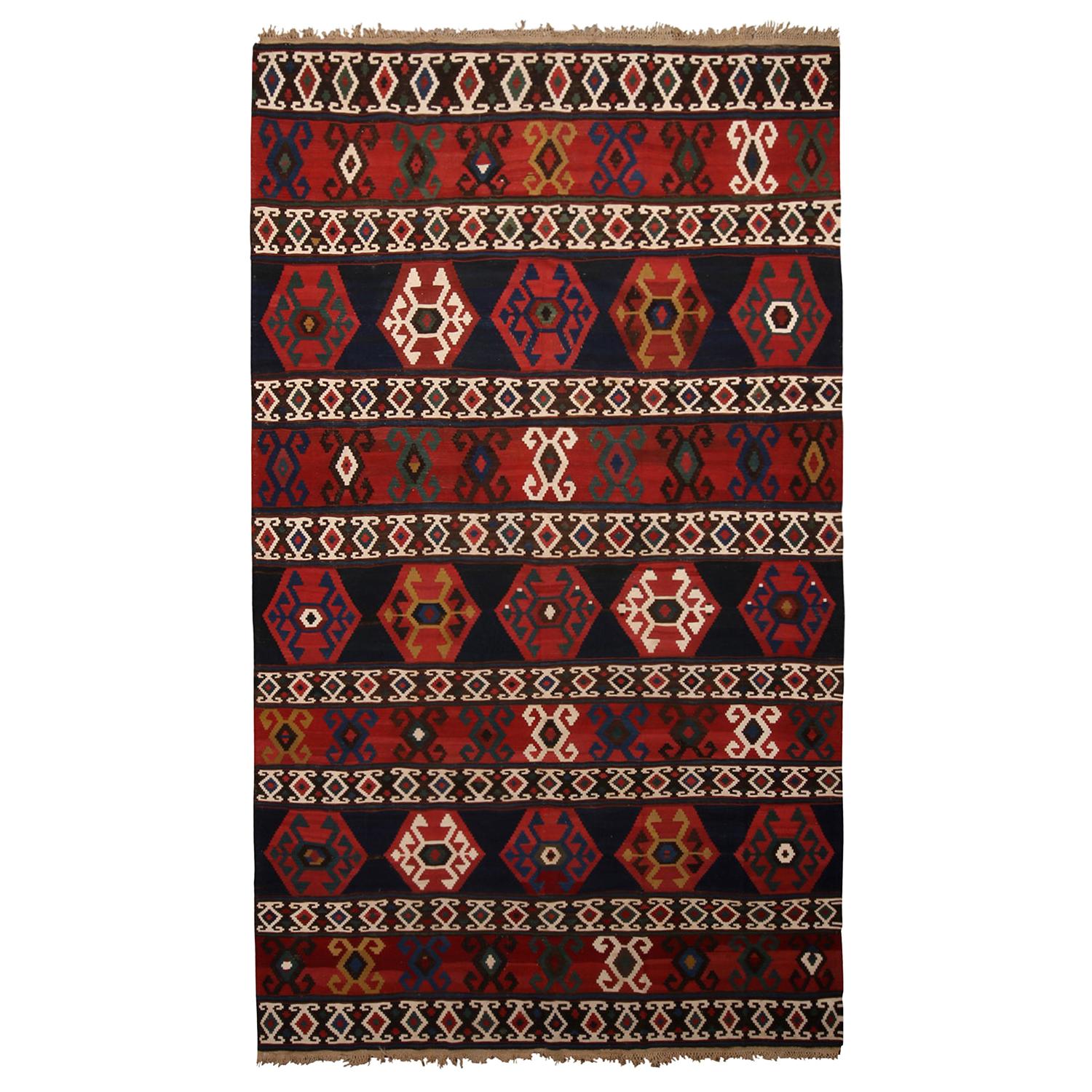 Antique Geometric Navy Blue and Burgundy Wool Kilim with White and Green Accents