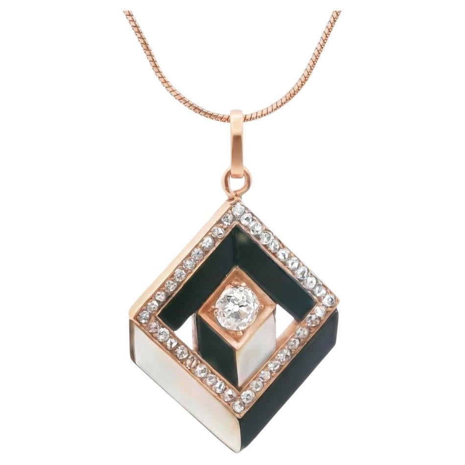 Antique Geometric Onyx, Mother-of-Pearl & Diamond Pendant