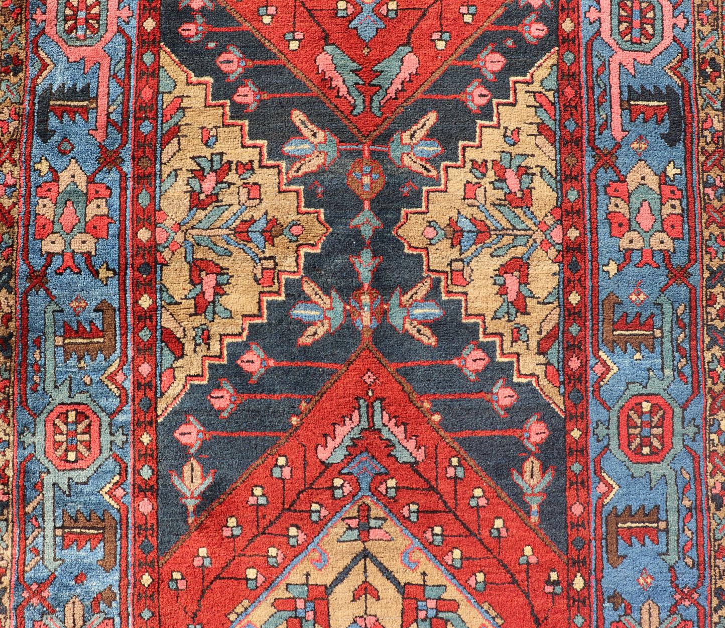 Antique Geometric Persian Long Heriz Runner in Red, Blue, Yellow, and Tan For Sale 3