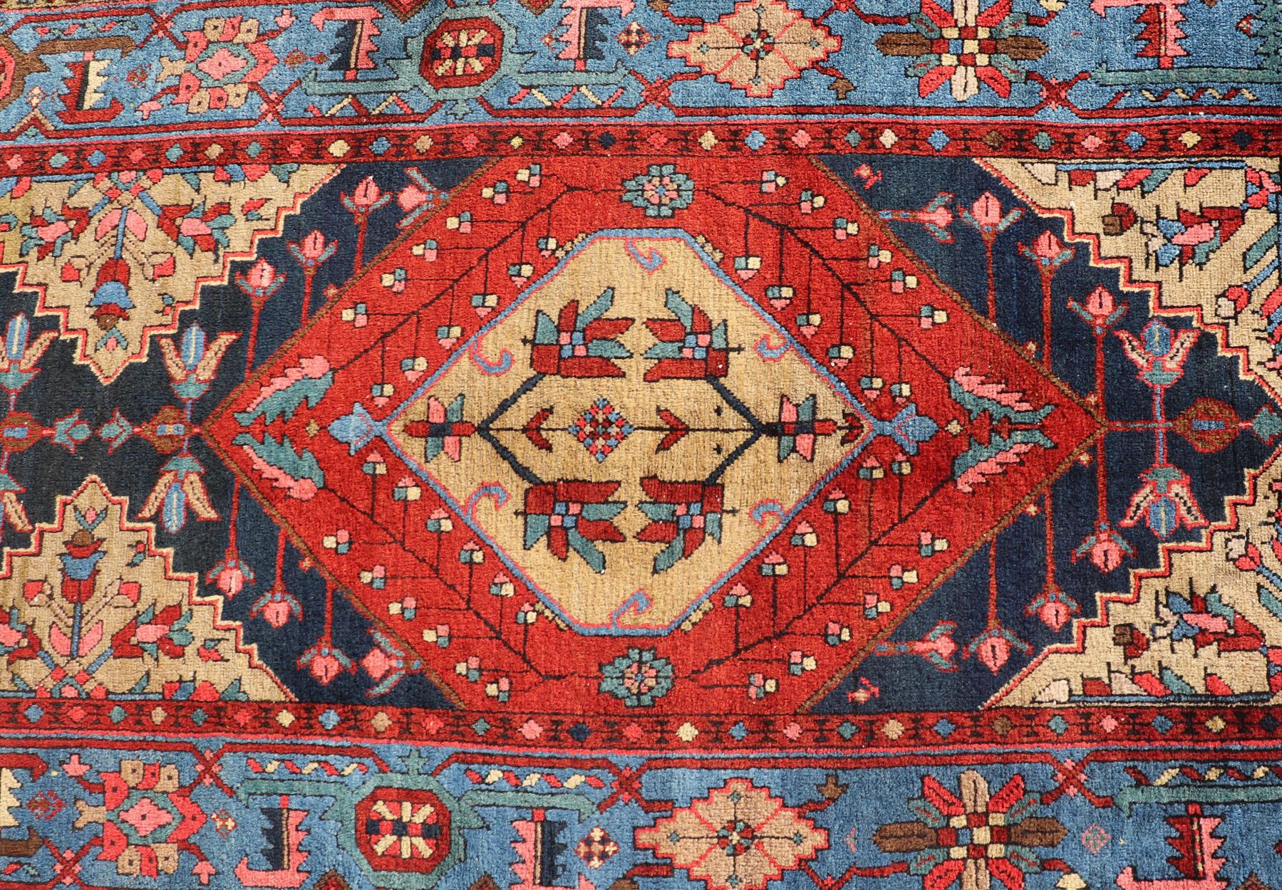 Antique Geometric Persian Long Heriz Runner in Red, Blue, Yellow, and Tan For Sale 4