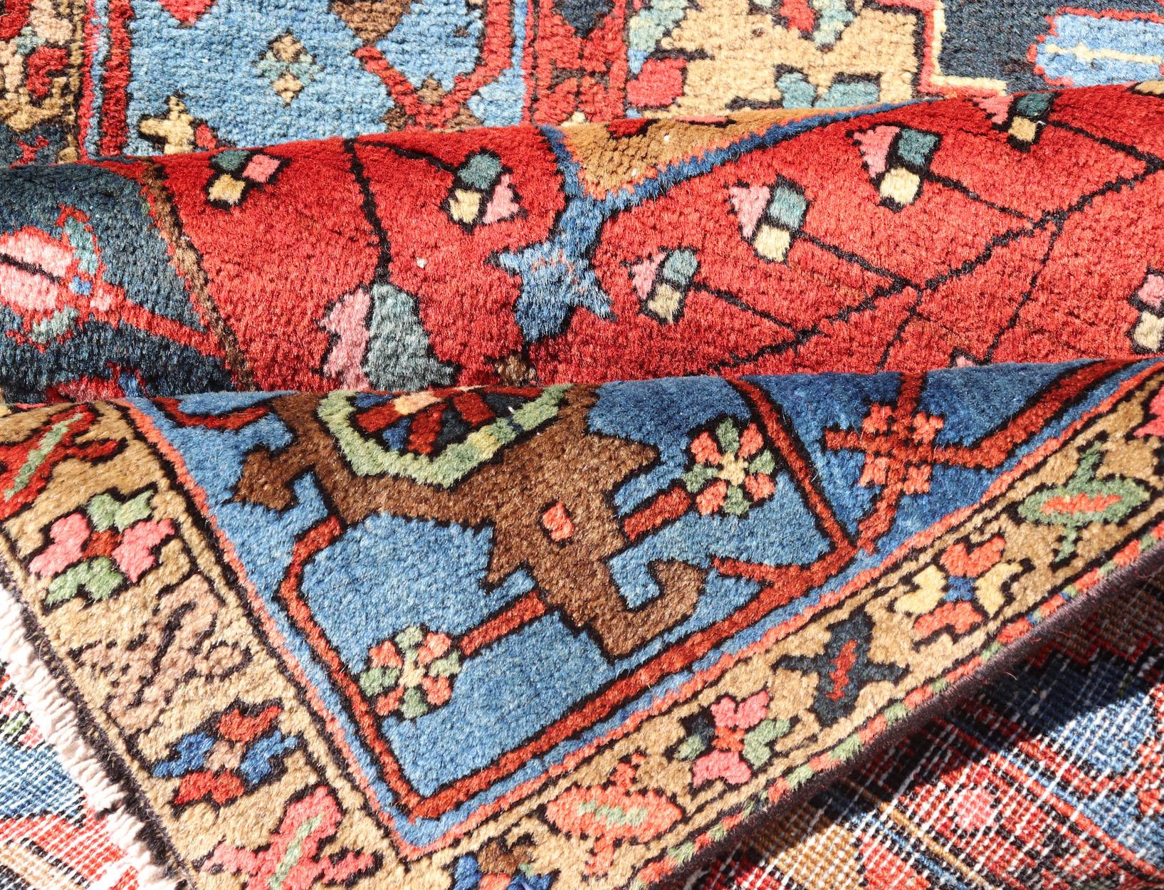 Antique Geometric Persian Long Heriz Runner in Red, Blue, Yellow, and Tan For Sale 5