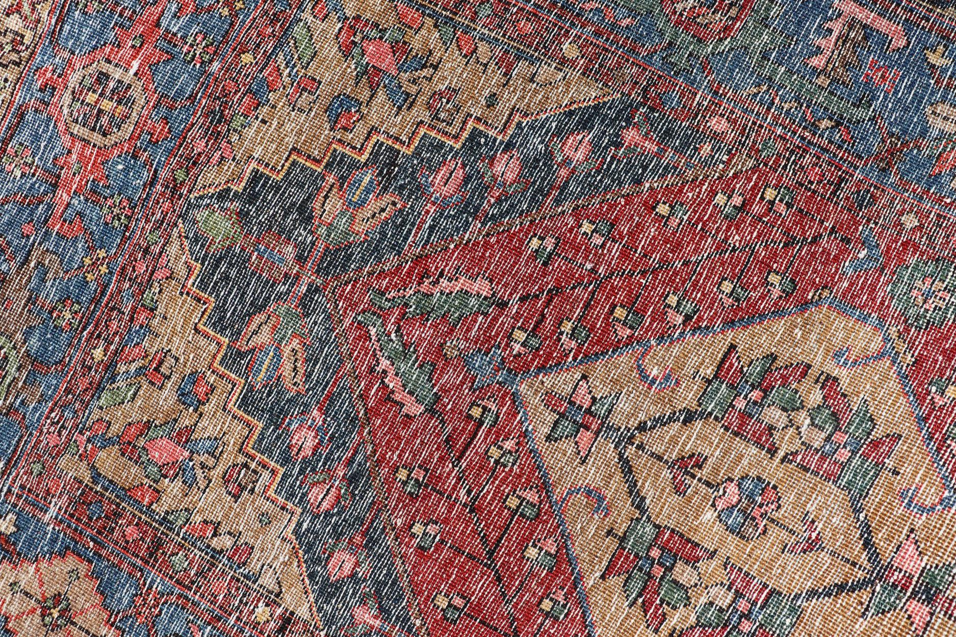 Antique Geometric Persian Long Heriz Runner in Red, Blue, Yellow, and Tan For Sale 6
