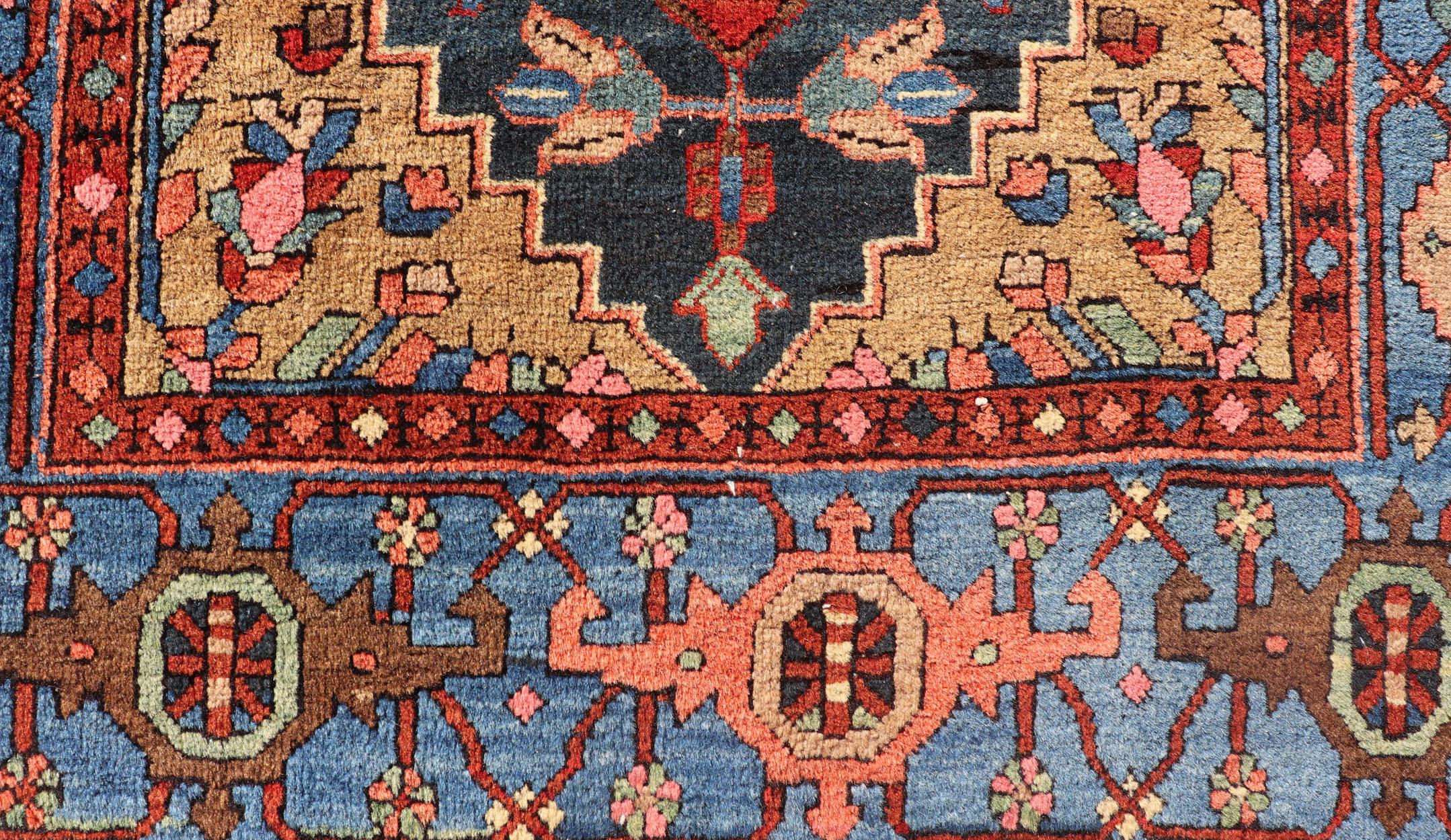 Heriz Serapi Antique Geometric Persian Long Heriz Runner in Red, Blue, Yellow, and Tan For Sale