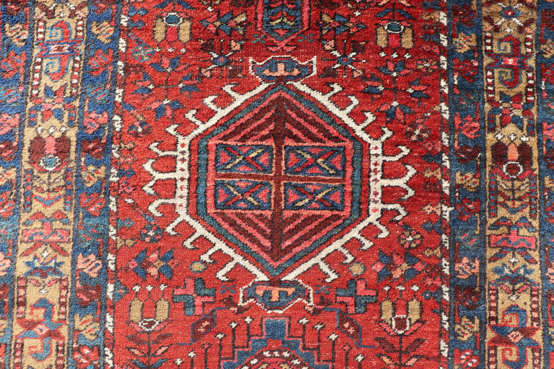 Antique Geometric Persian Long Heriz Runner in Red, Blue, Yellow, Teal, Orange For Sale 3