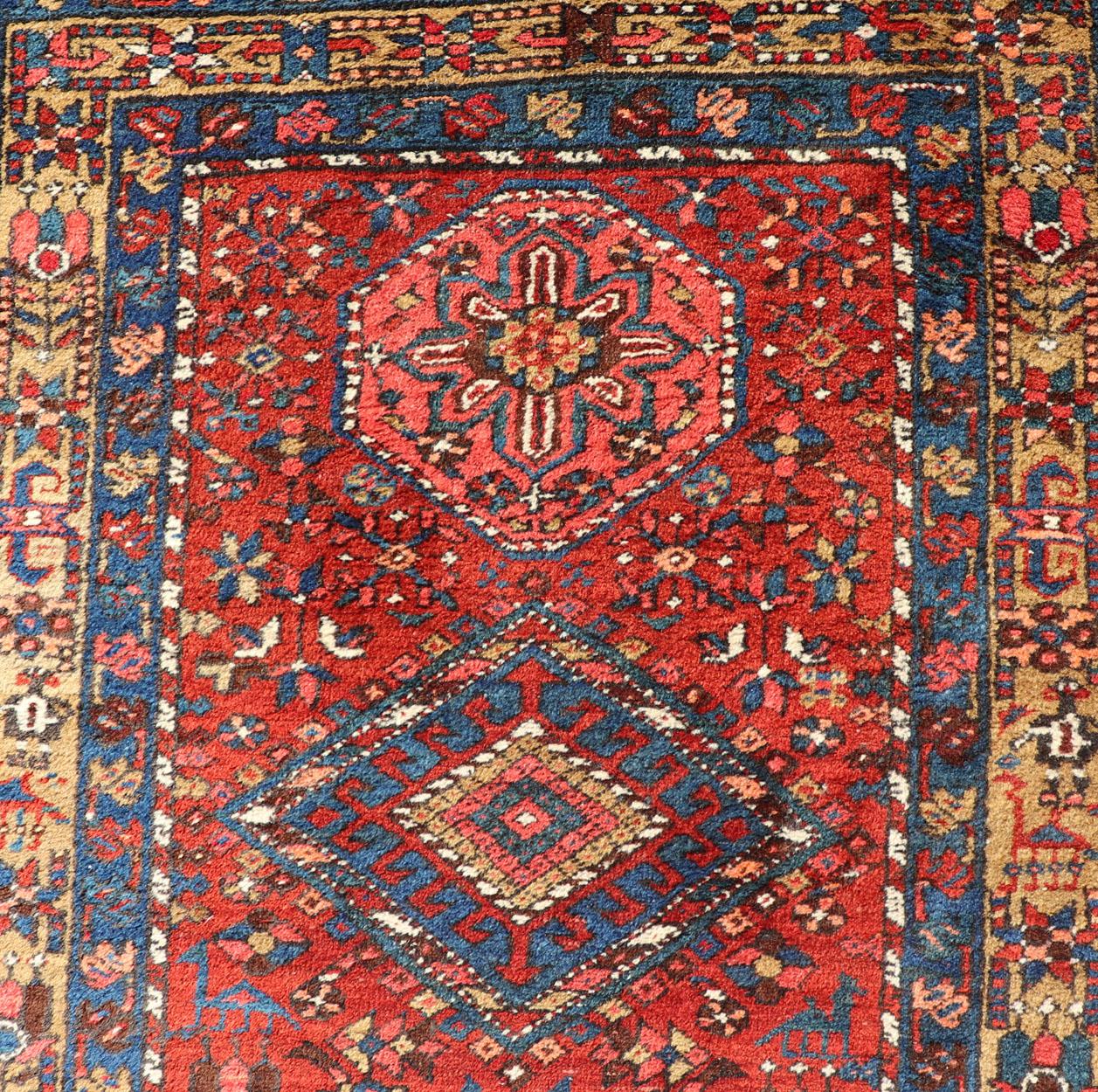 Antique Geometric Persian Long Heriz Runner in Red, Blue, Yellow, Teal, Orange For Sale 4