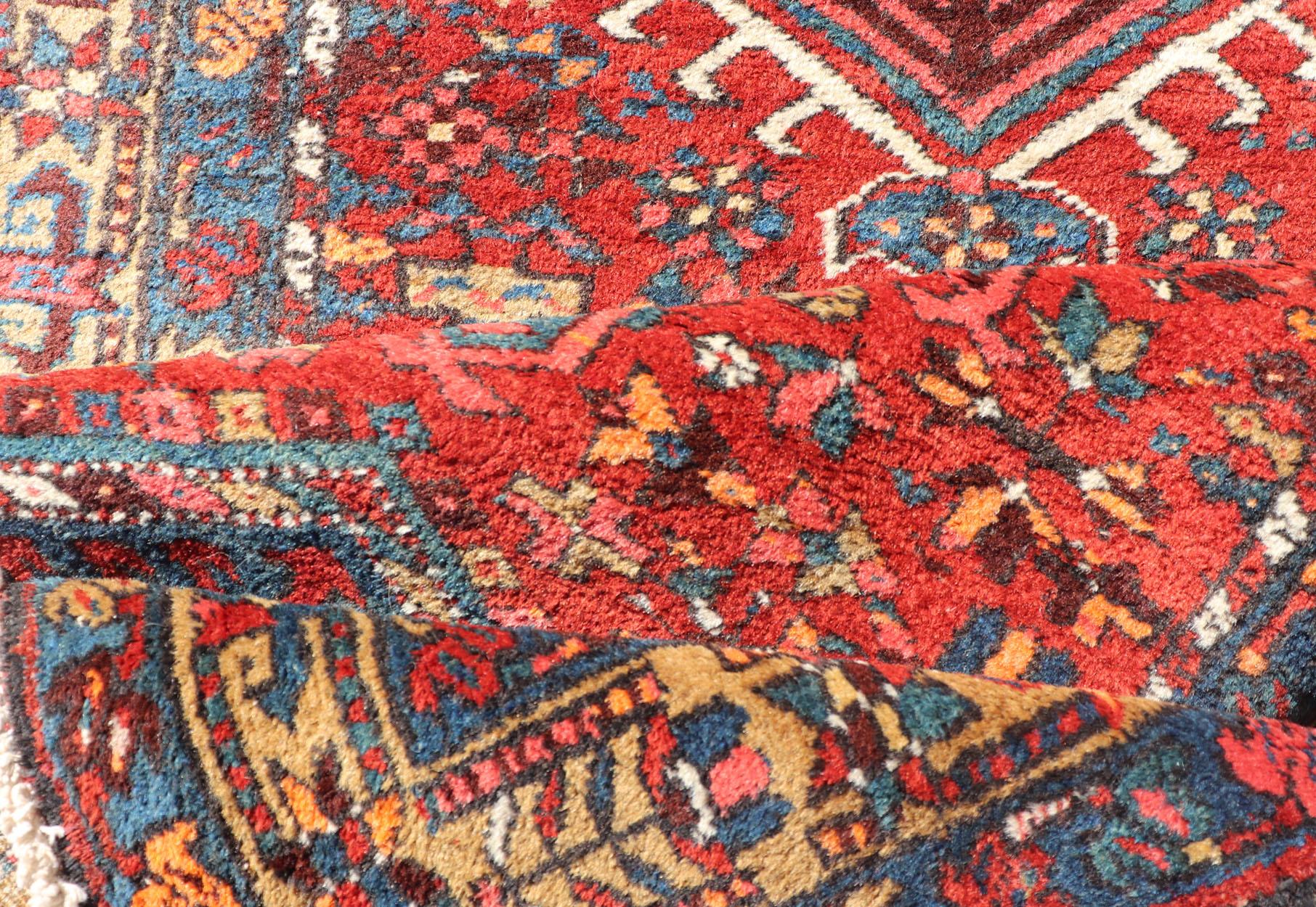 Antique Geometric Persian Long Heriz Runner in Red, Blue, Yellow, Teal, Orange For Sale 5