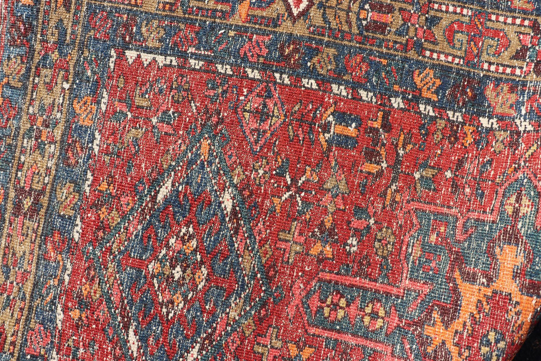 Antique Geometric Persian Long Heriz Runner in Red, Blue, Yellow, Teal, Orange For Sale 6