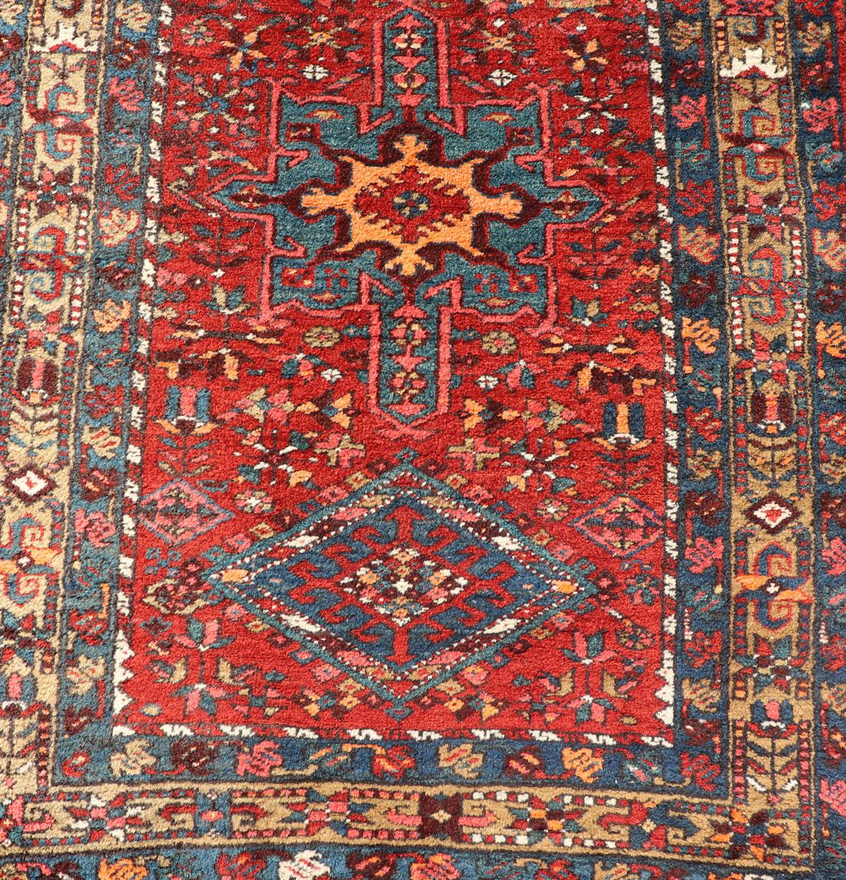 Very Long antique Persian Heriz runner with geometric medallion design in red, blue and colorful tones, rug PTA-21002 , country of origin / type: Iran / Heriz, circa 1920

Measures: 3'2 x 18'.