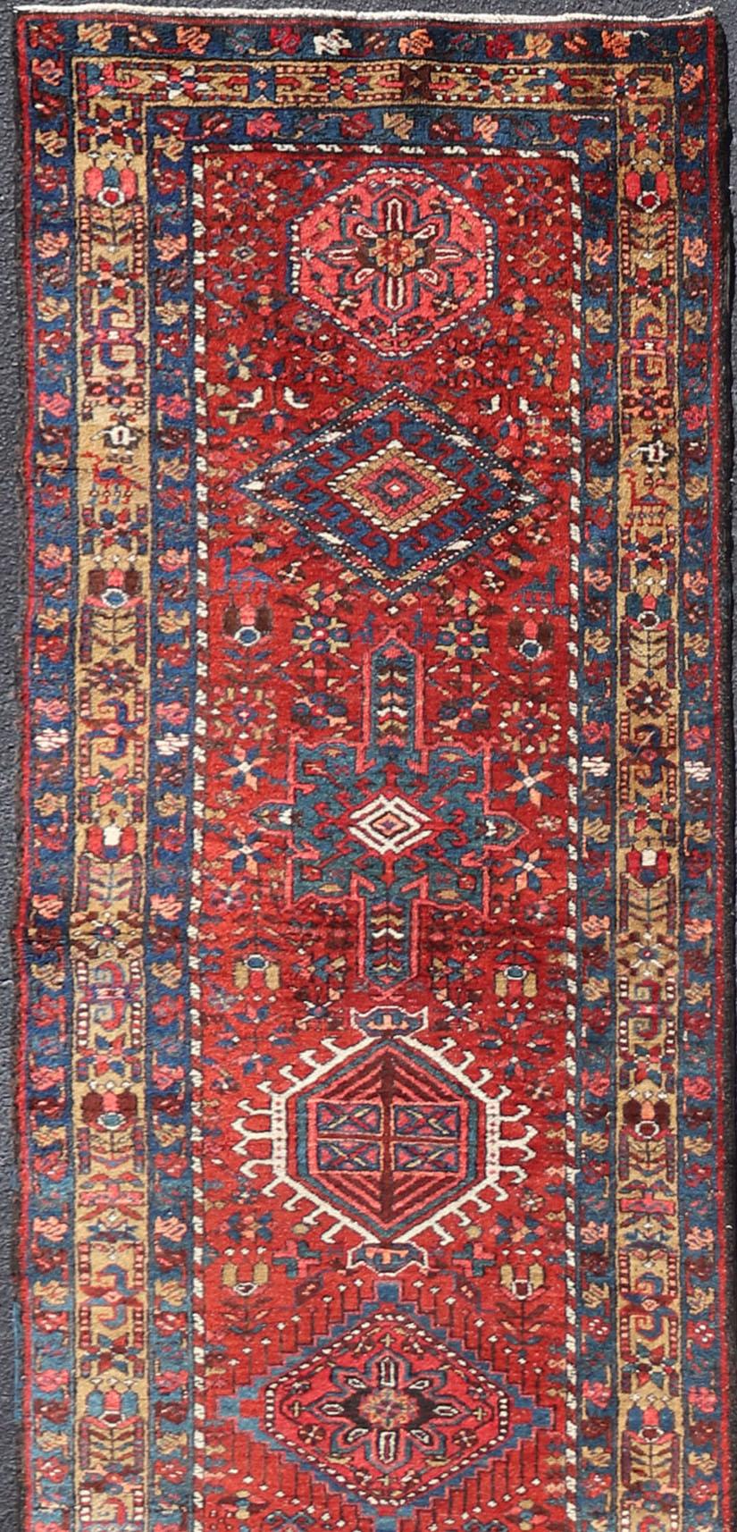 Heriz Serapi Antique Geometric Persian Long Heriz Runner in Red, Blue, Yellow, Teal, Orange For Sale