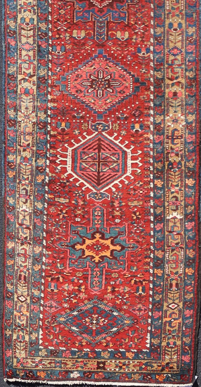 Antique Geometric Persian Long Heriz Runner in Red, Blue, Yellow, Teal, Orange In Excellent Condition For Sale In Atlanta, GA
