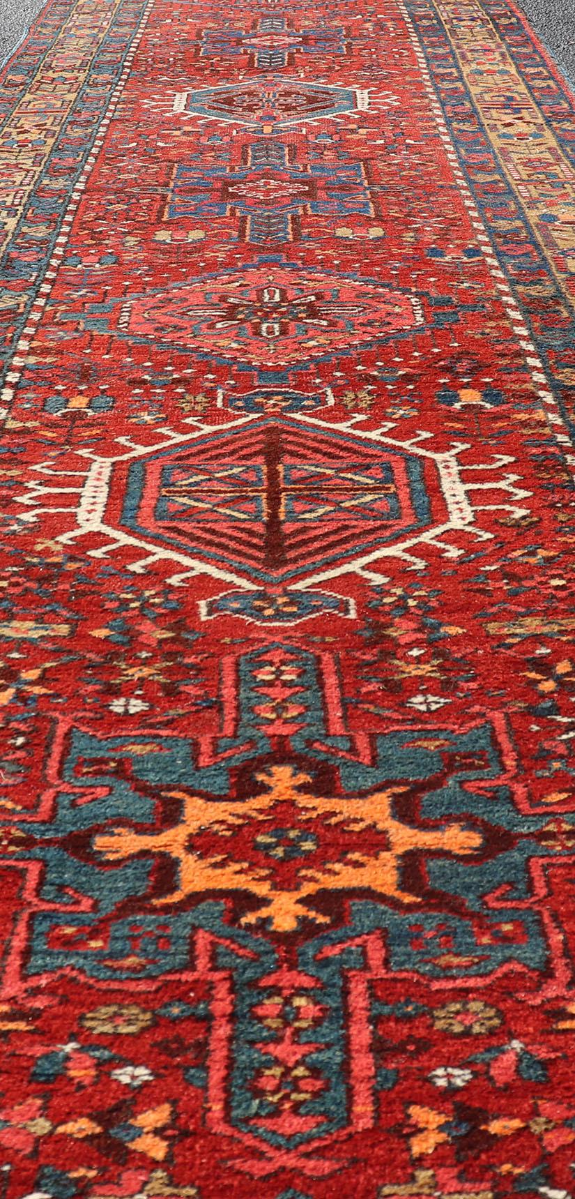 Antique Geometric Persian Long Heriz Runner in Red, Blue, Yellow, Teal, Orange For Sale 1