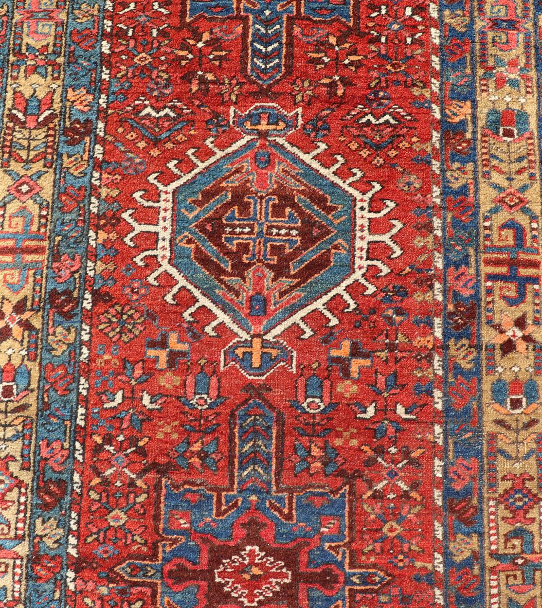 Antique Geometric Persian Long Heriz Runner in Red, Blue, Yellow, Teal, Orange For Sale 2