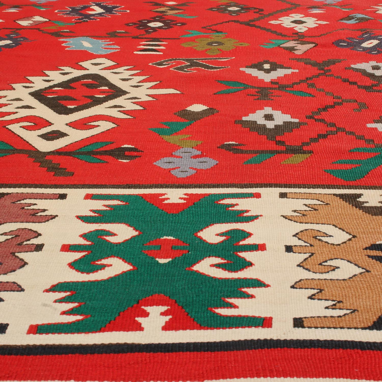 Turkish Antique Geometric Red and Beige Wool Kilim Rug by Rug & Kilim For Sale