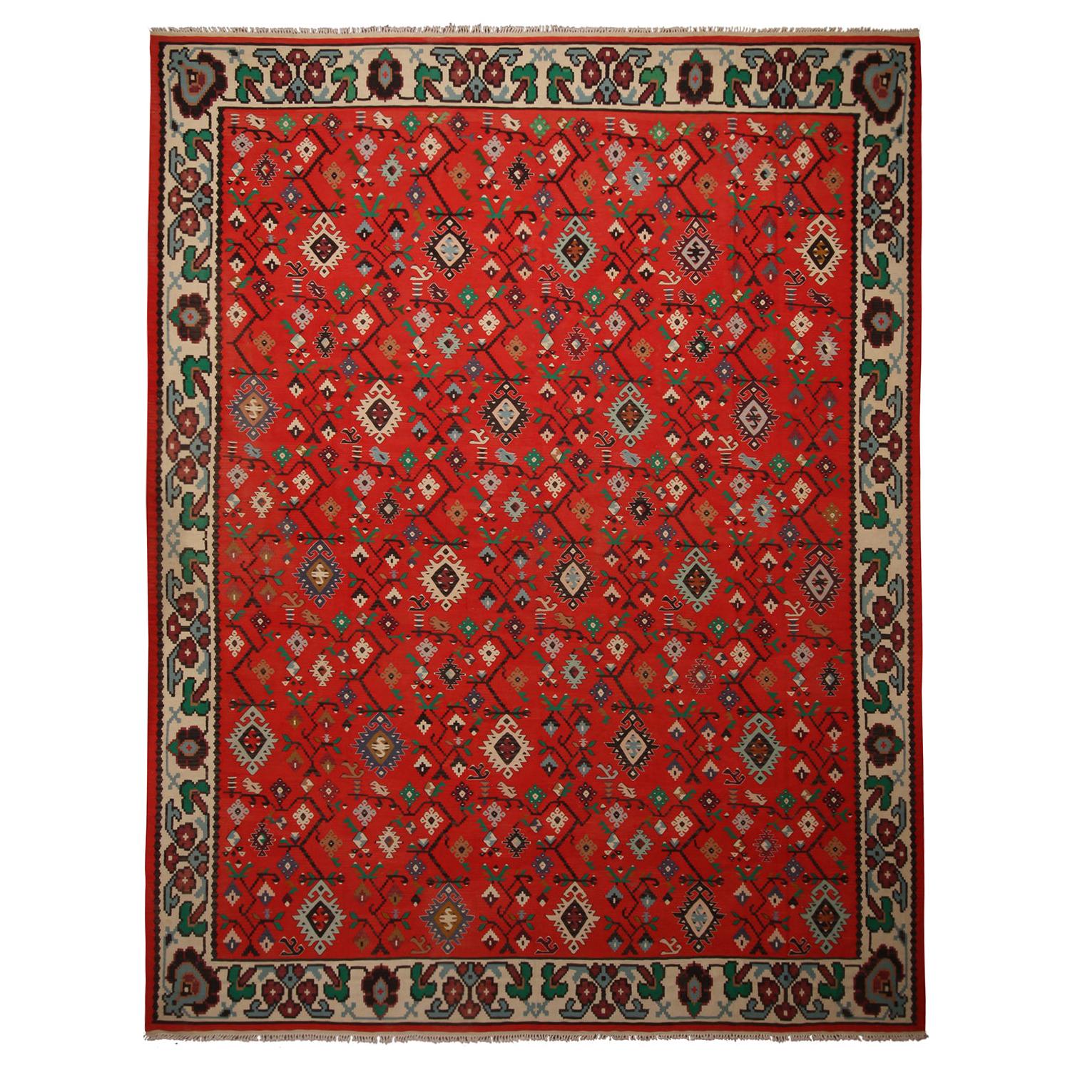 Antique Geometric Red and Beige Wool Kilim Rug 