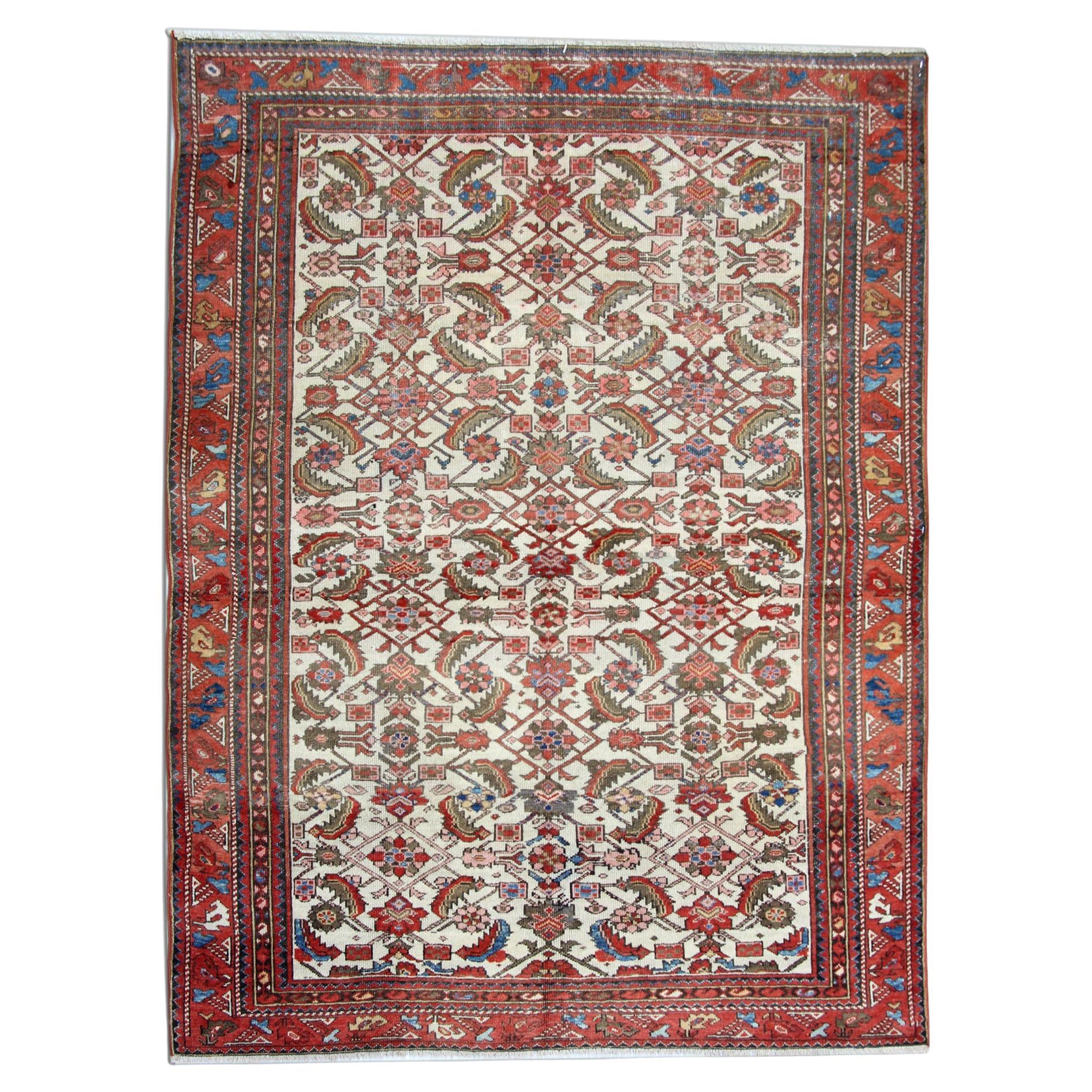 Antique Geometric Rug Handwoven Oriental Cream Bedroom Rug For Sale