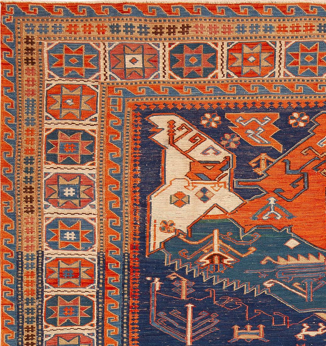 Exquise Antique Caucasian Geometric Tribal Caucasian Soumak Kilim, Pays d'origine : Caucasien, Circa : 1900