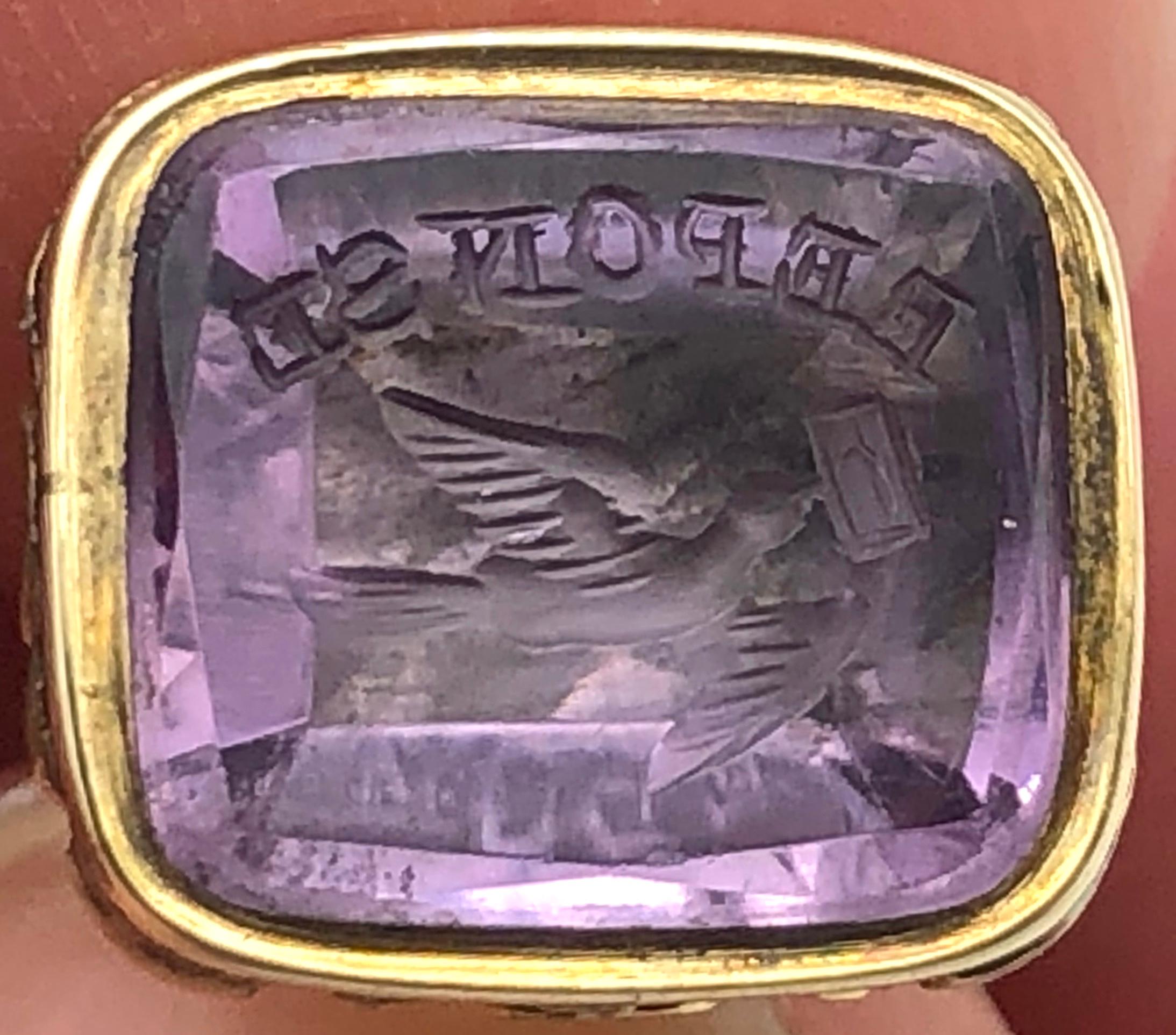 Antike antike Georg IV Stickpin Siegel Amethyst Intaglio Schwalben Gold Liebe Messenger (Carréeschliff) im Angebot