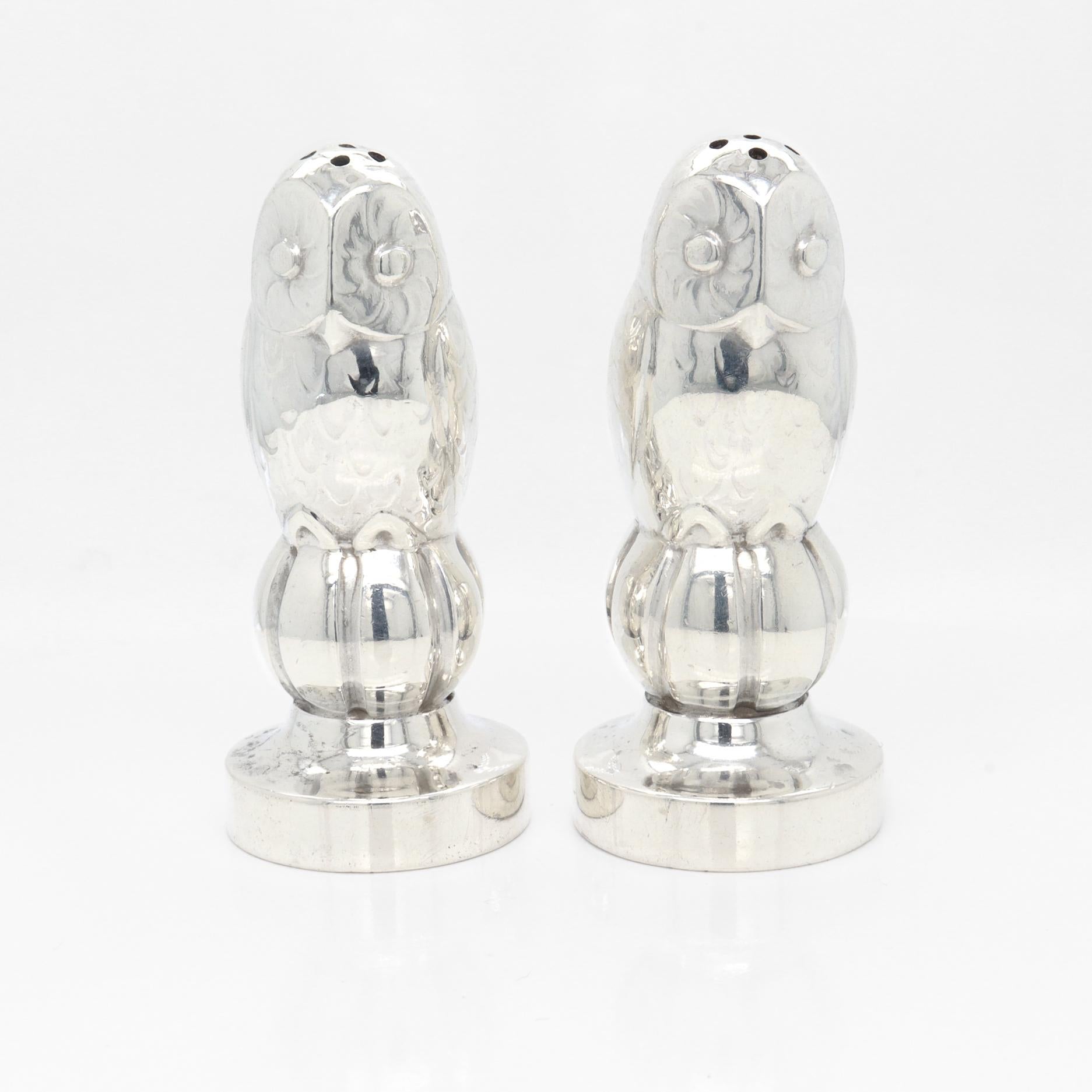 Antique Georg Jensen Sterling Silver Owl Salt & Pepper Shakers Model No. 36A For Sale 1