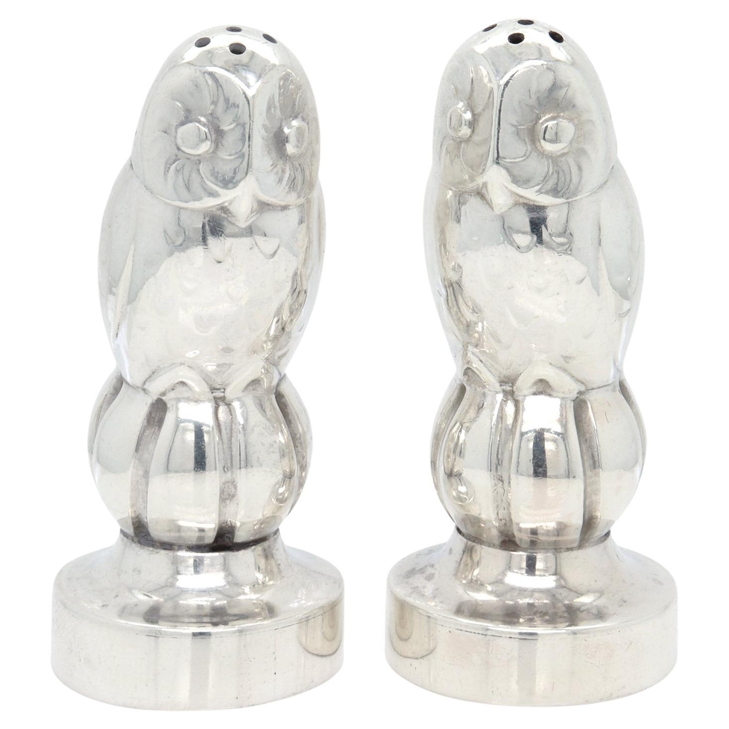 Antique Georg Jensen Sterling Silver Owl Salt & Pepper Shakers Model No. 36A