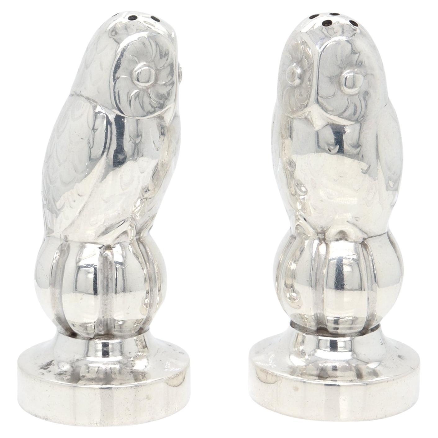 Antique Georg Jensen Sterling Silver Owl Salt & Pepper Shakers Model No. 36A For Sale