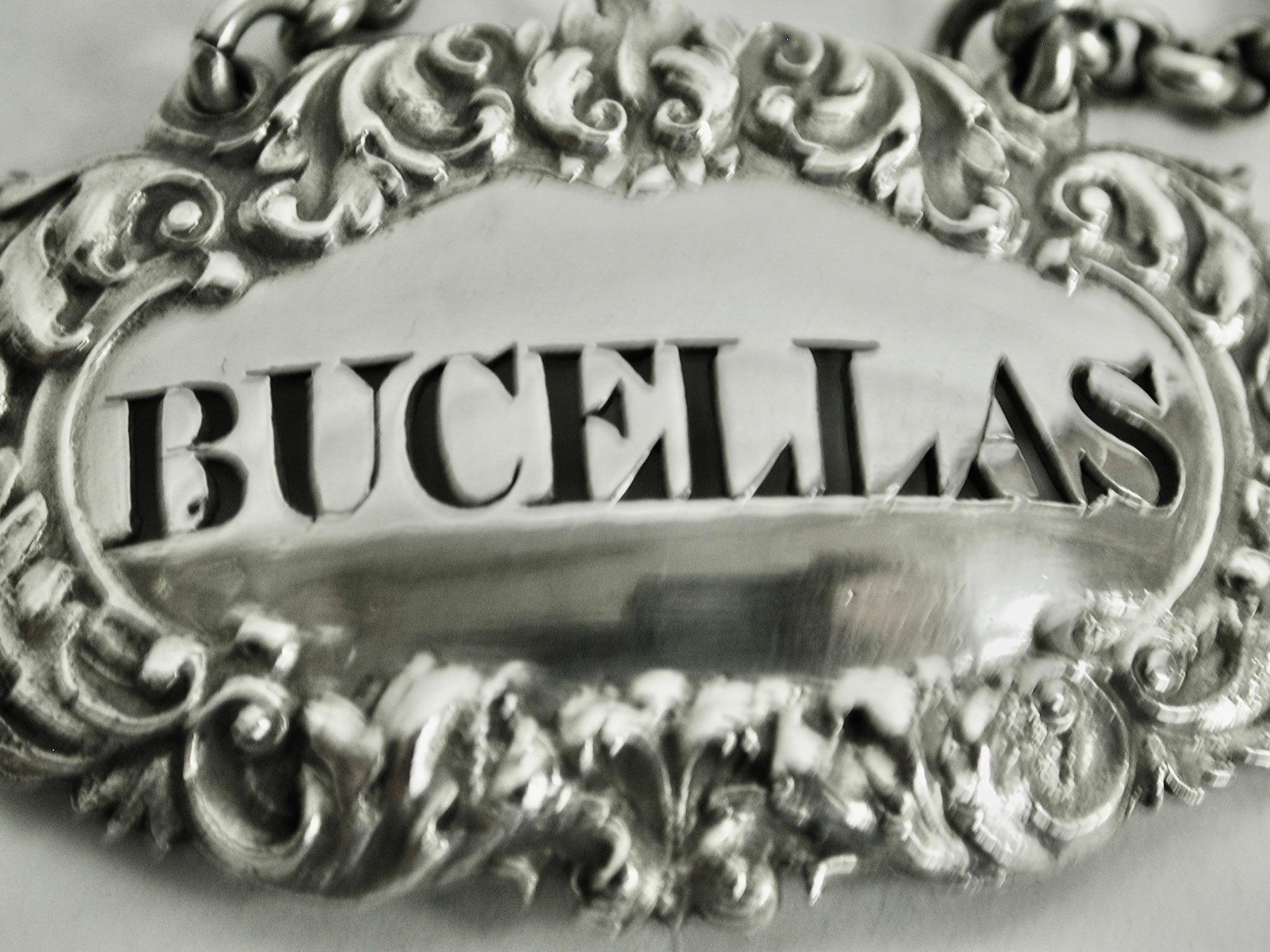 English Antique George 1V Silver Bucellas Wine Label Dated 1828 London Charles Rawlings For Sale