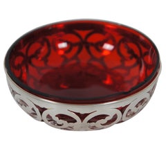 Antique George a Henckel 302 Pierced Sterling Silver & Ruby Glass Nut Dish 52g