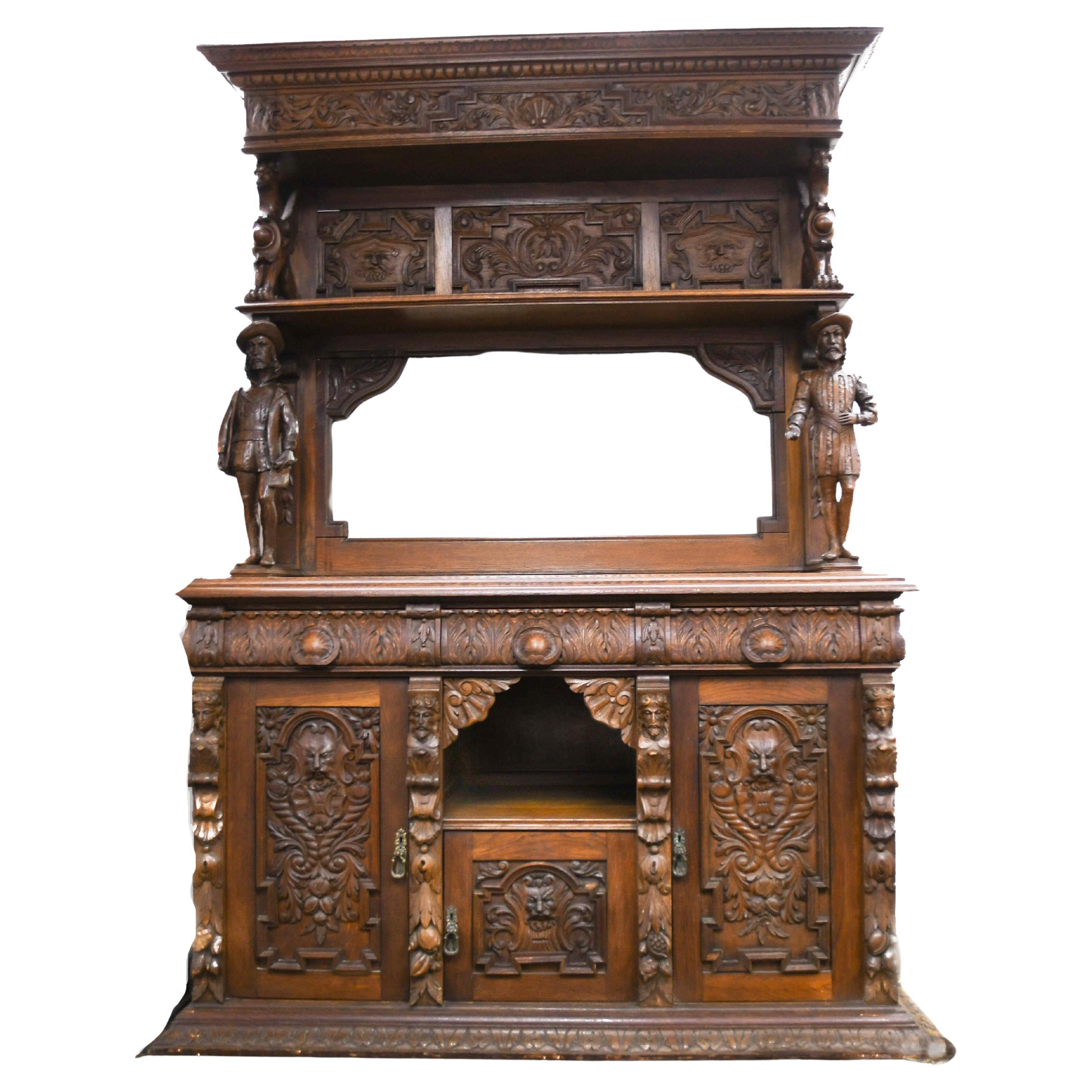 Antiguo George Fleet and Co. Armario Servidor Buffet de Roble Tallado a Mano en venta