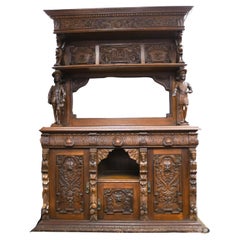 Antiguo George Fleet and Co. Armario Servidor Buffet de Roble Tallado a Mano