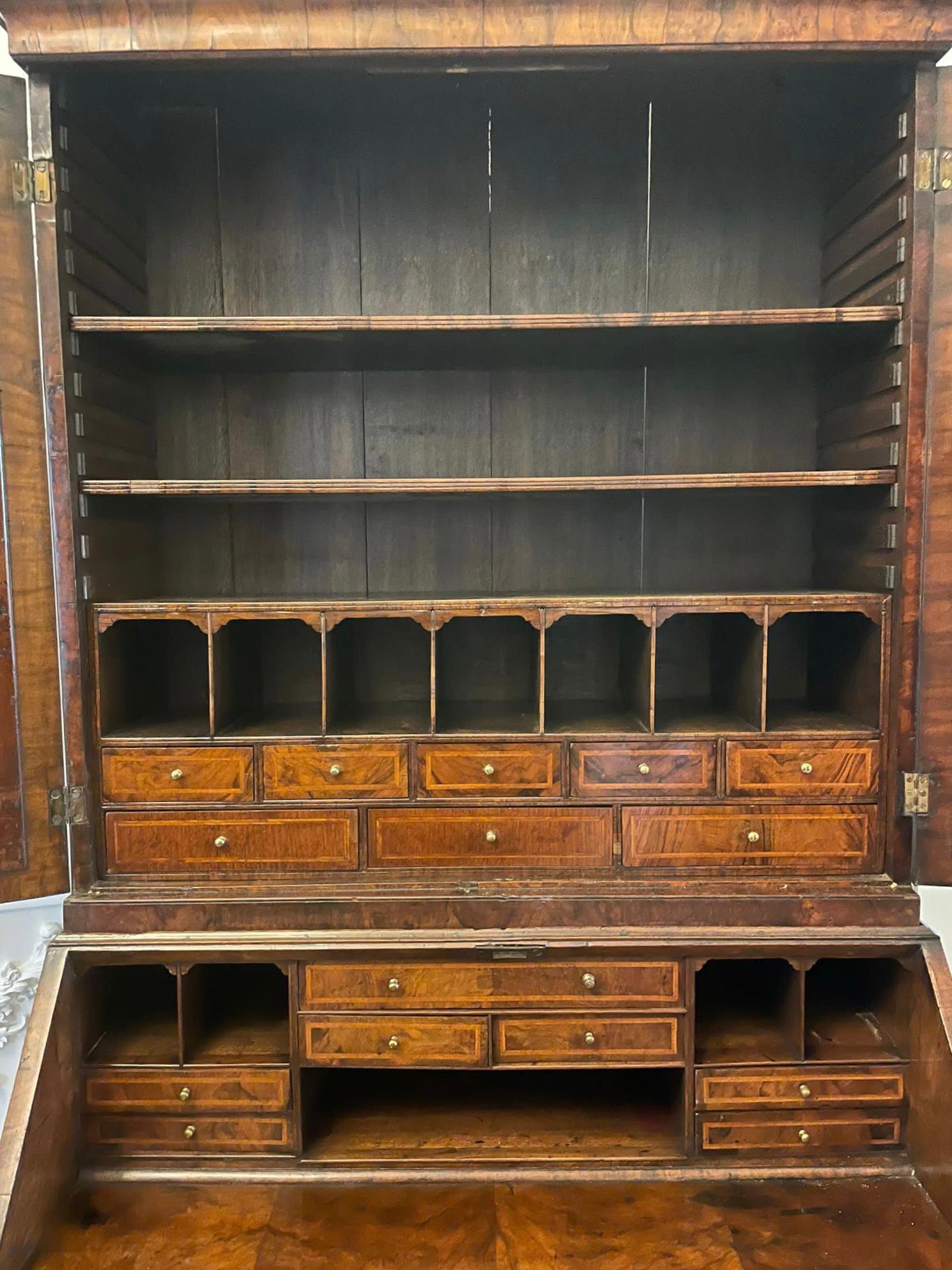 18th Century and Earlier Antique George I Quality Figured Walnut Bureau Bookcase  For Sale