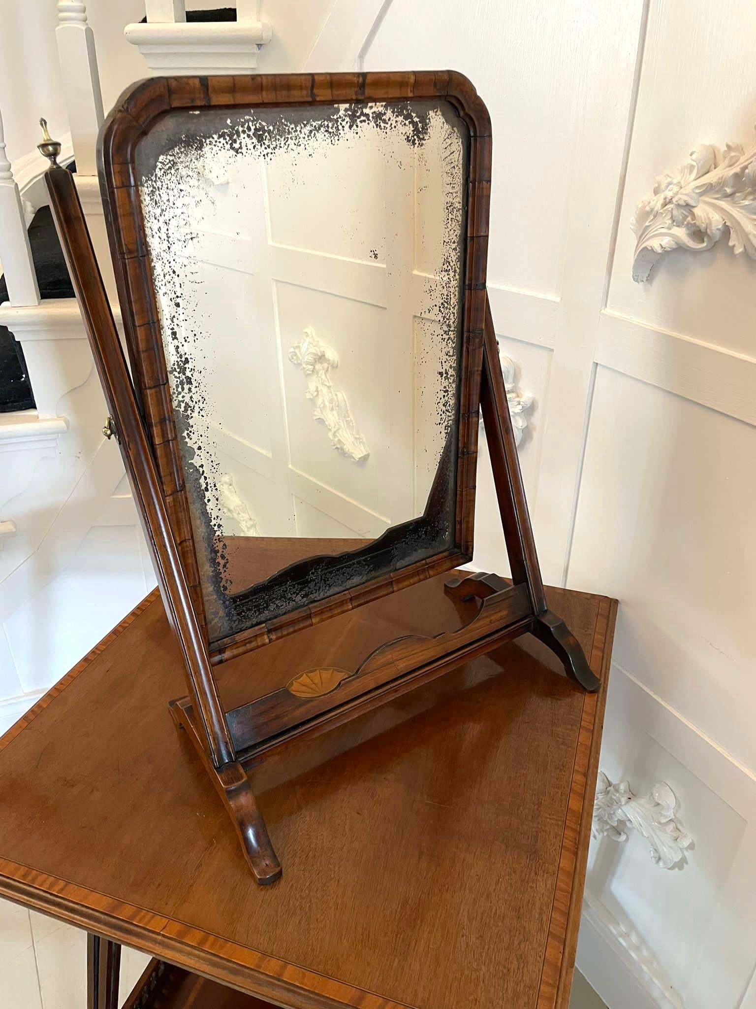 English Antique George I Quality Figured Walnut Dressing Table Mirror