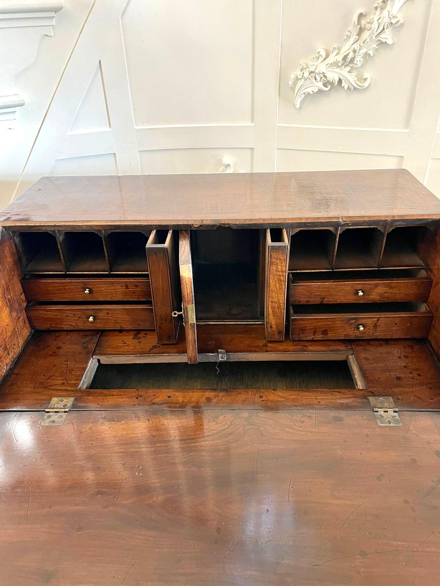 Antique George I Quality Figured Walnut Herringbone Inlaid Bureau For Sale 7