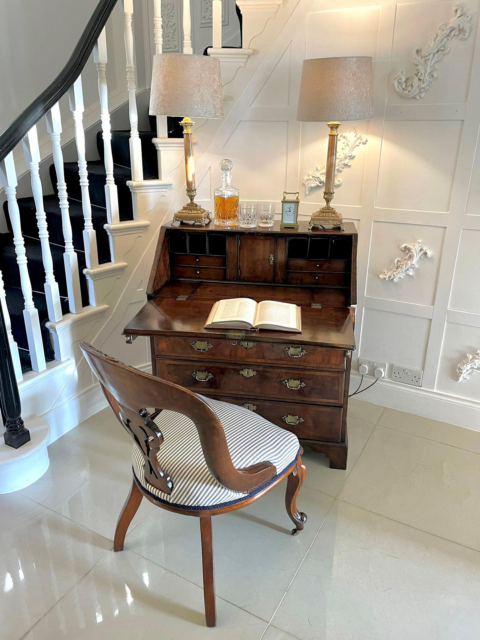 Antique George I Quality Figured Walnut Herringbone Inlaid Bureau In Good Condition In Suffolk, GB