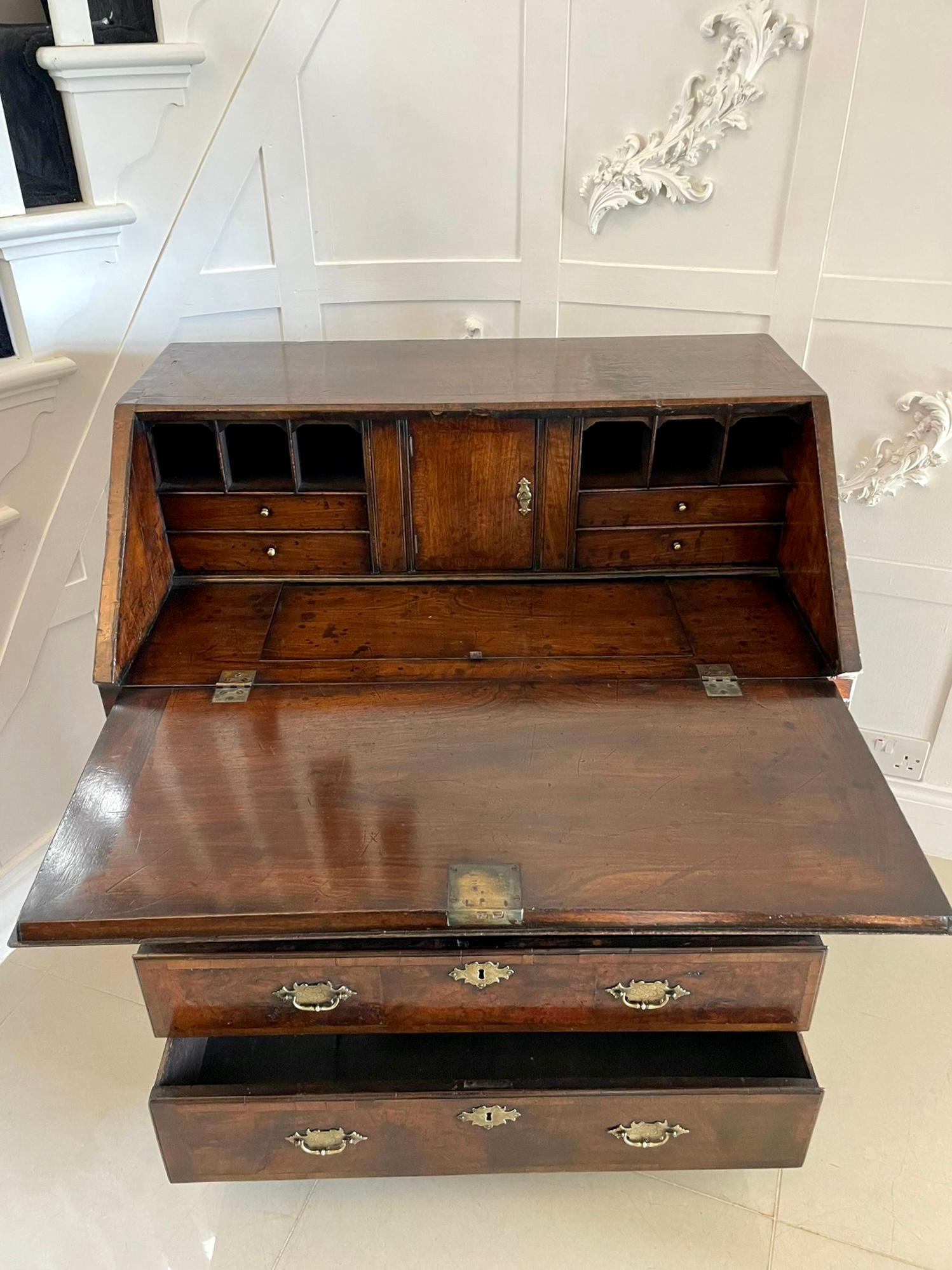 Antique George I Quality Figured Walnut Herringbone Inlaid Bureau For Sale 1