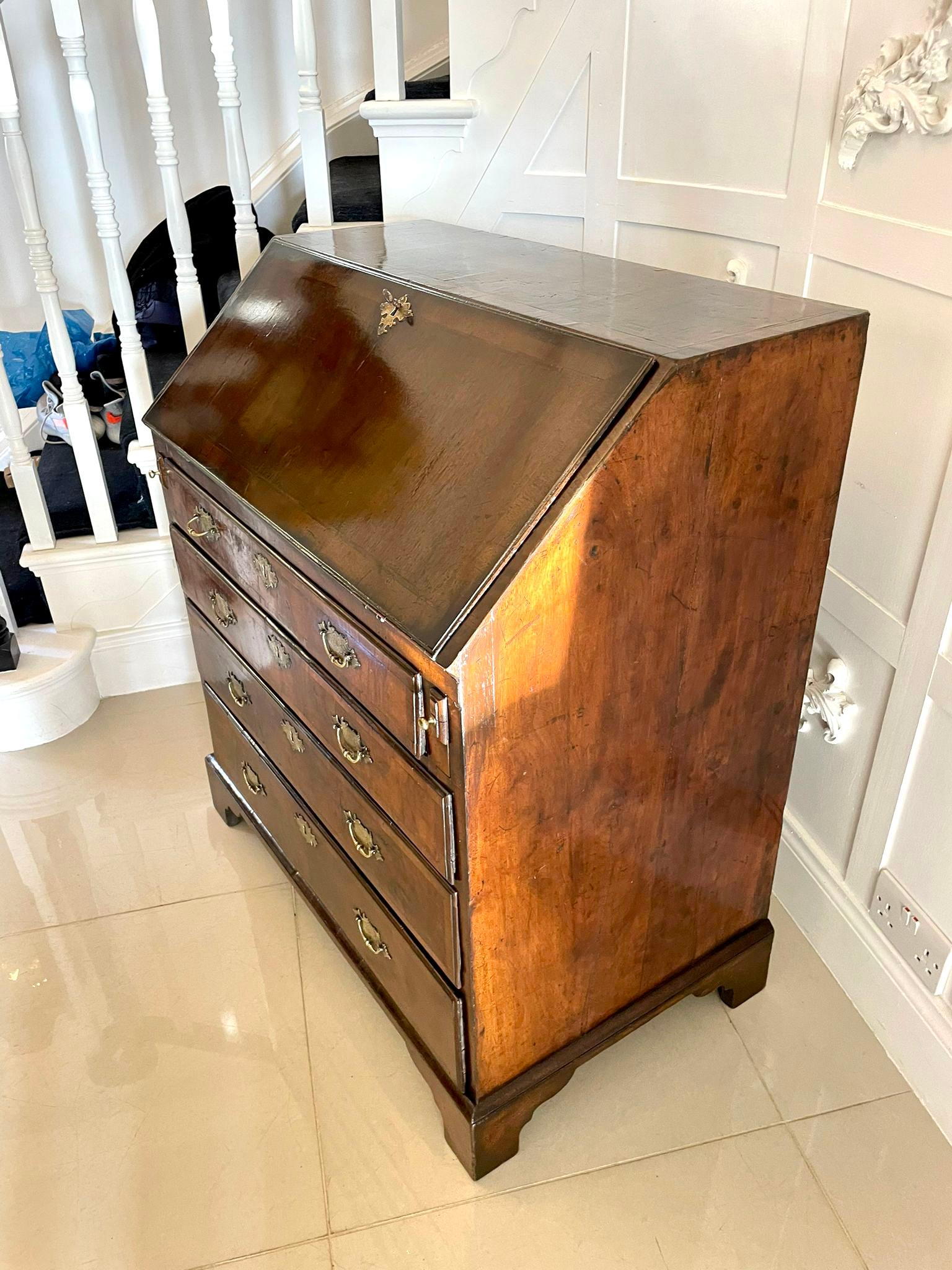 Antique George I Quality Figured Walnut Herringbone Inlaid Bureau For Sale 3