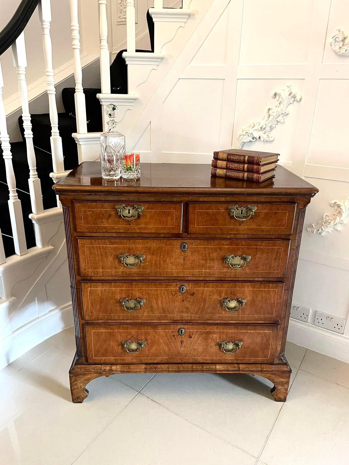 Antique George I Quality Figured Walnut Two Part Chest of Five Drawers  For Sale 1