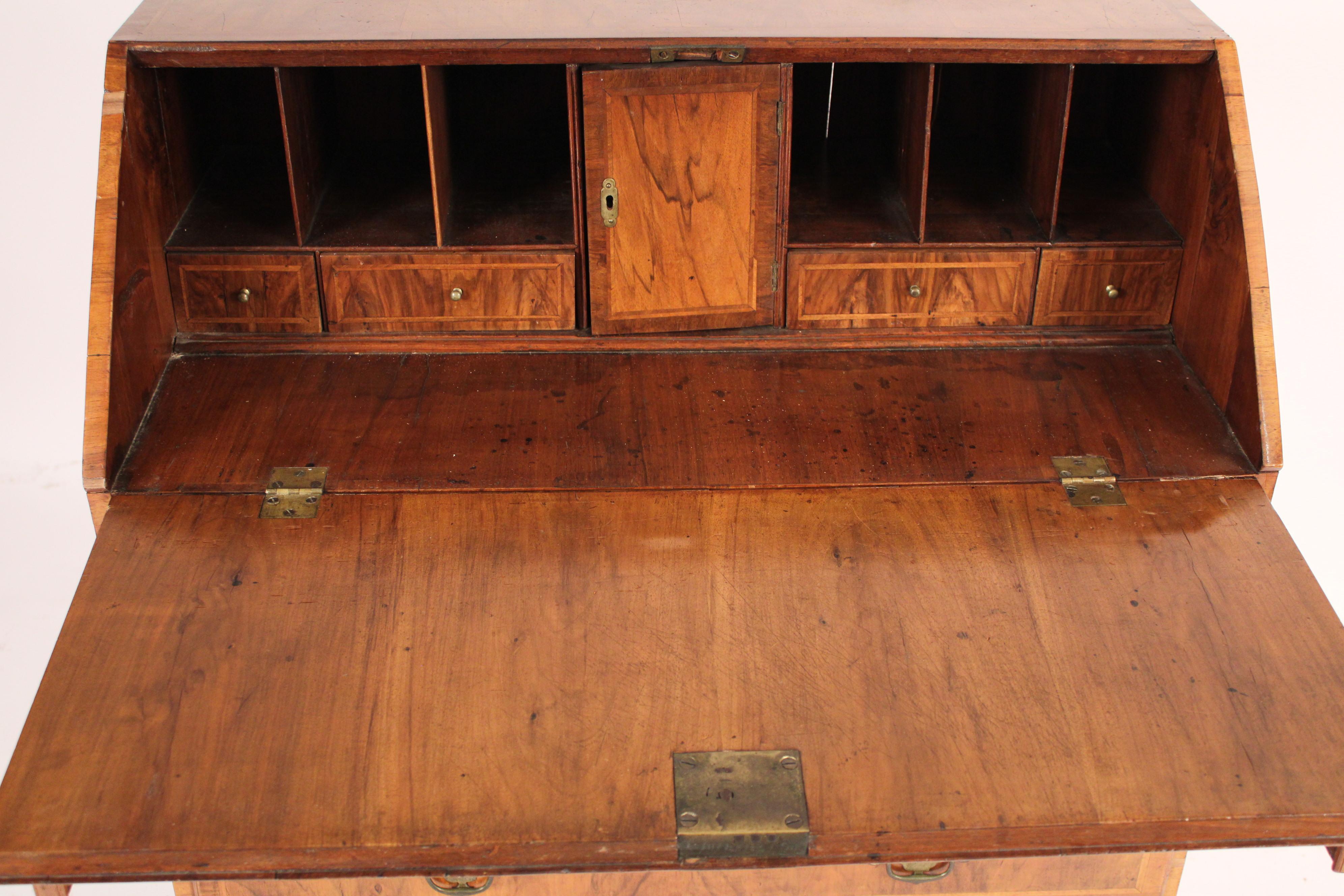 Brass Antique George I Style Walnut Slant Top Desk